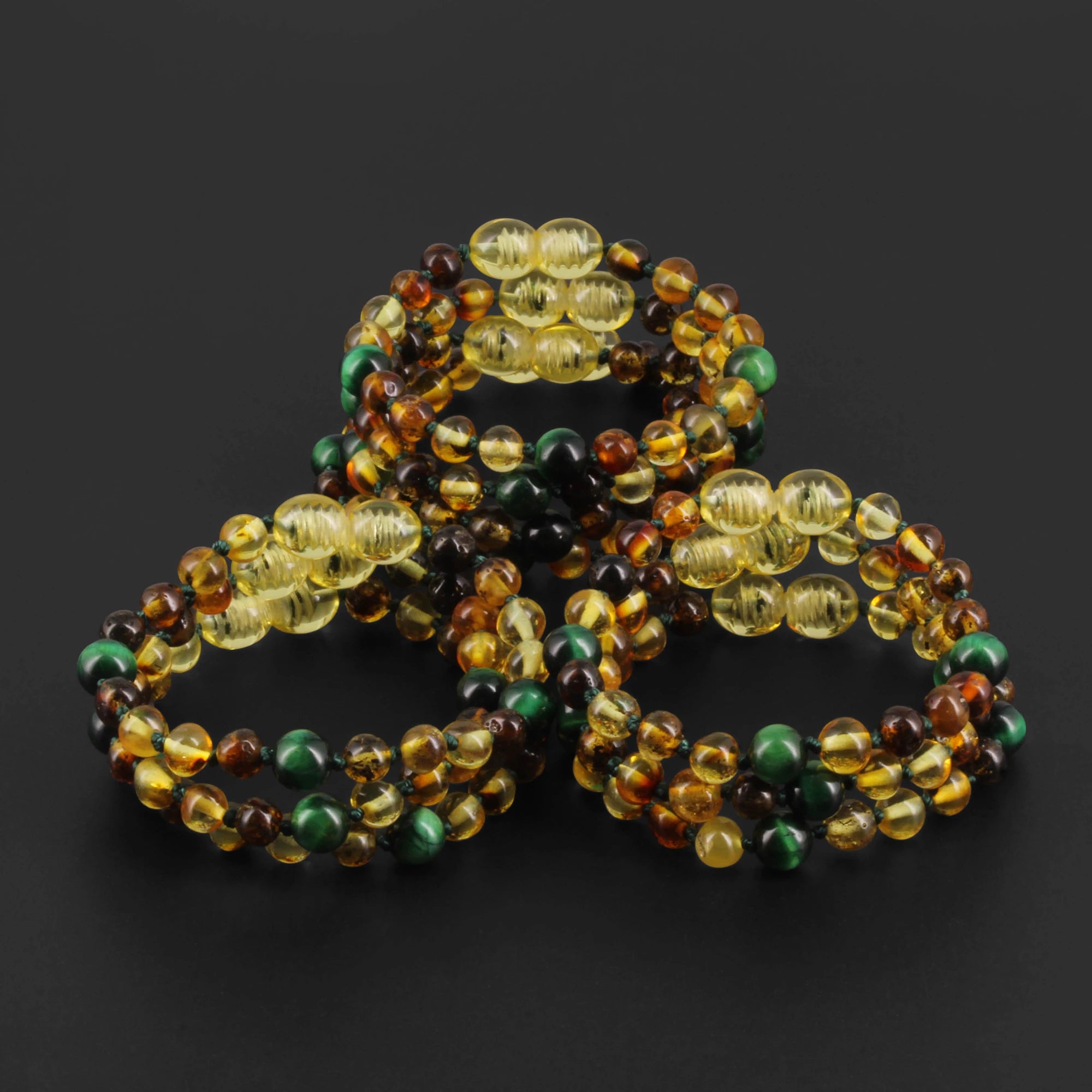 Baltic Amber & Green Tiger Baby Teething Bracelet Baroque Multicolor Glossy Finish - Wholesale Lot of 10pcs - 14cm / 5.5in - LE457