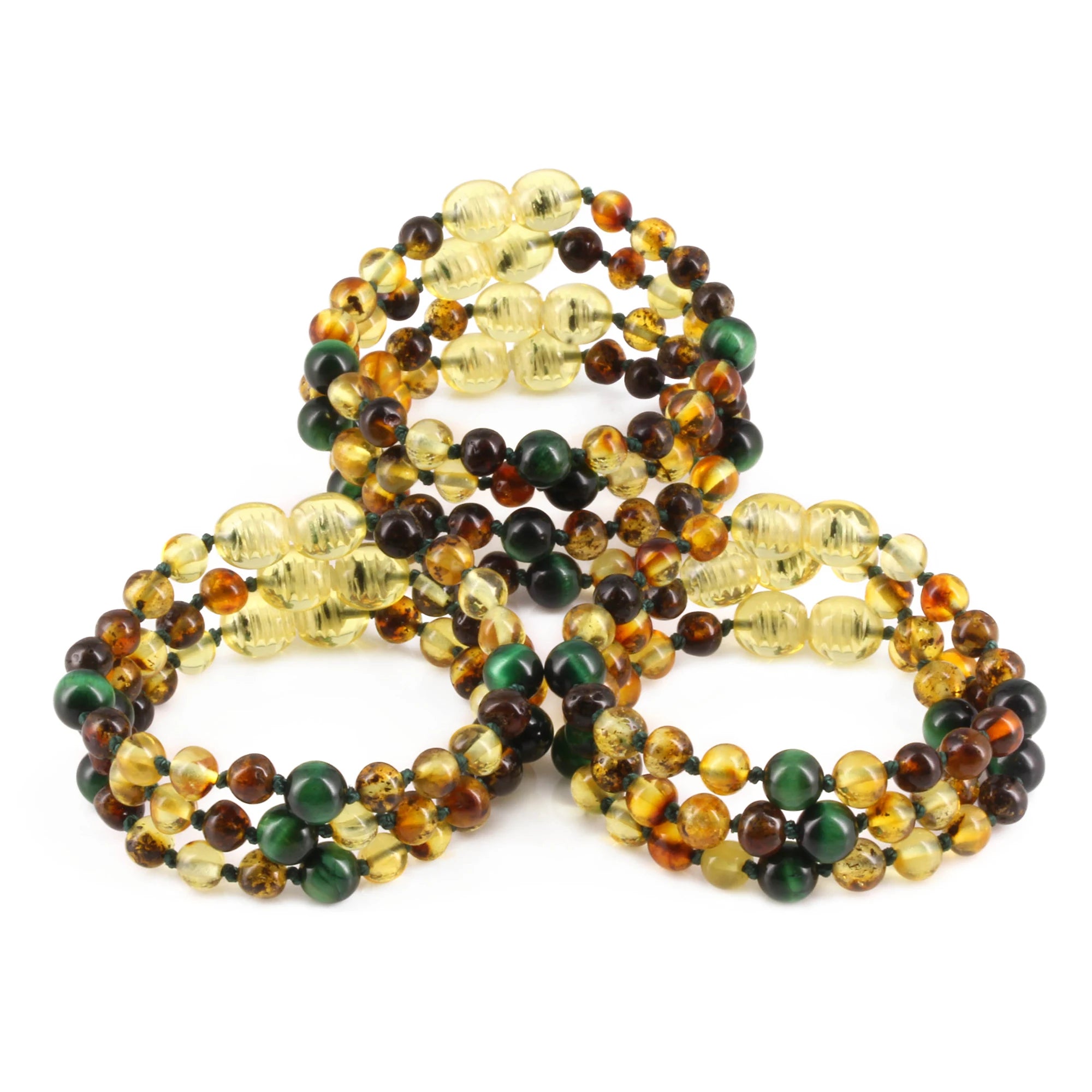 Baltic Amber & Green Tiger Baby Teething Bracelet Baroque Multicolor Glossy Finish - Wholesale Lot of 10pcs - 14cm / 5.5in - LE457
