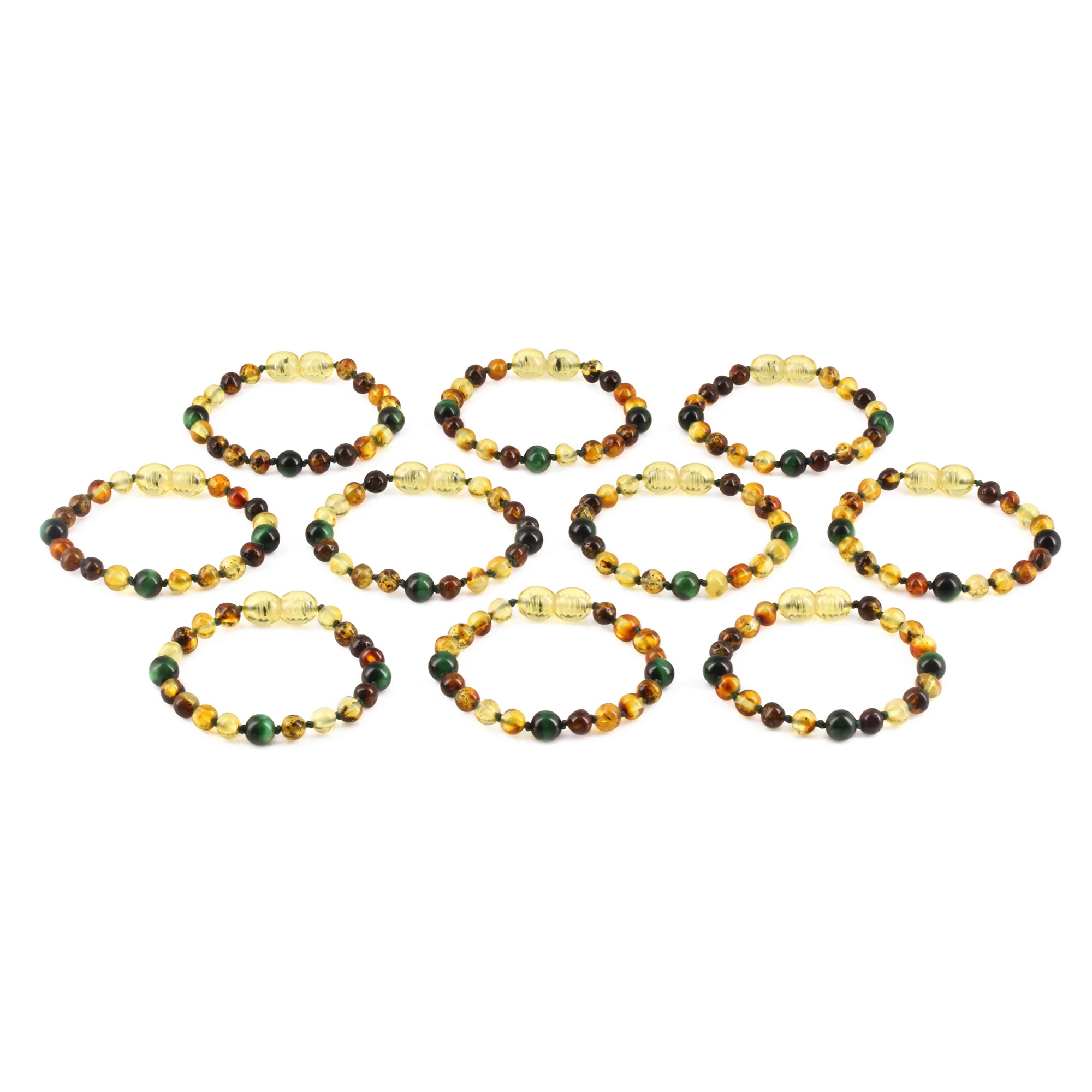 Baltic Amber & Green Tiger Baby Teething Bracelet Baroque Multicolor Glossy Finish - Wholesale Lot of 10pcs - 14cm / 5.5in - LE457
