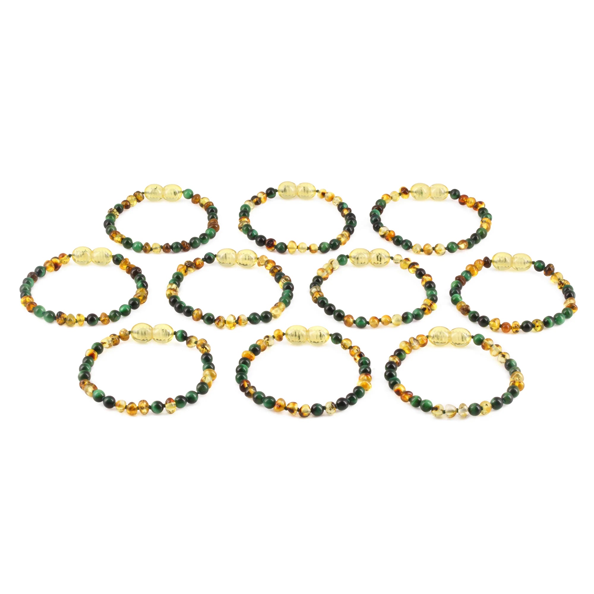 Baltic Amber & Green Tiger Baby Teething Bracelet Baroque Multicolor Glossy Finish - Wholesale Lot of 10pcs - 14cm / 5.5in - LE457 V2