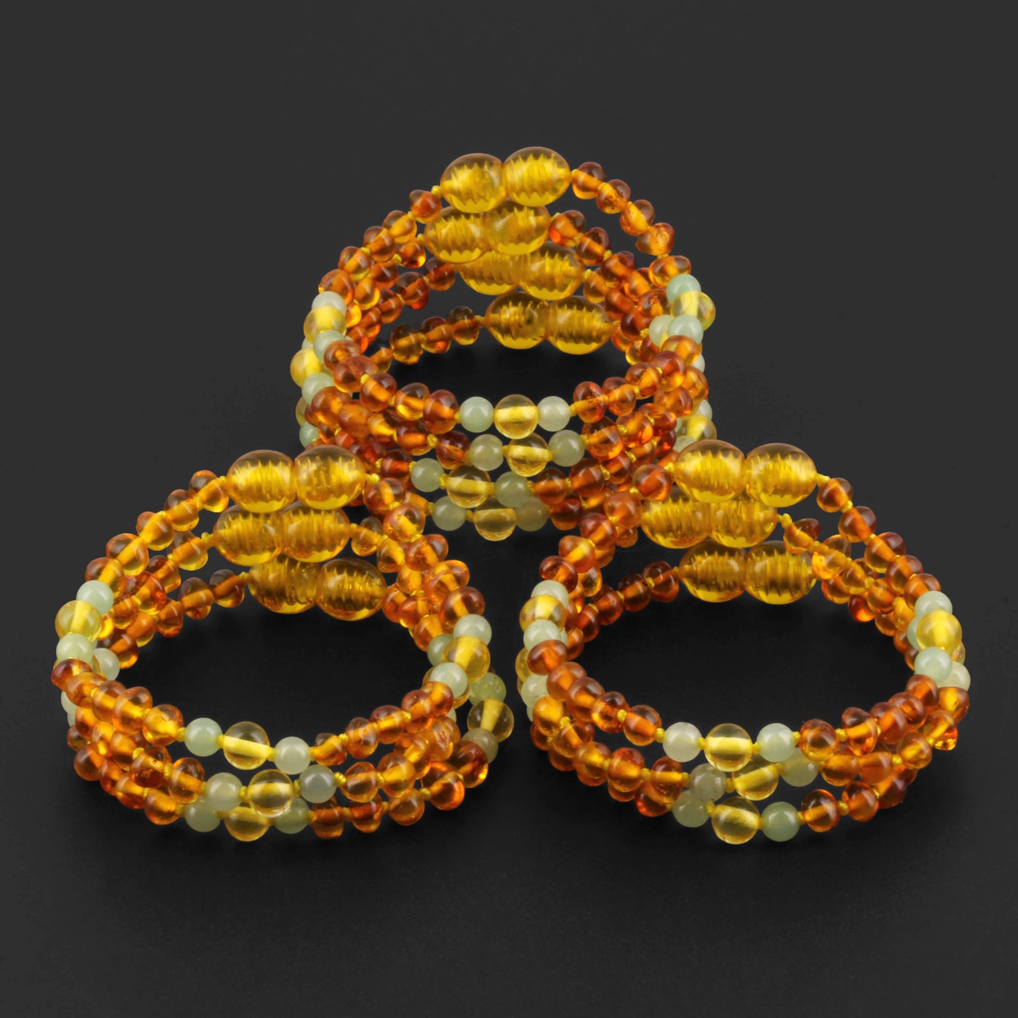 Baltic Amber & Green Aventurine Baby Teething Bracelet Baroque Light Cognac Glossy Finish - Wholesale Lot of 10pcs - 14cm / 5.5in -LE385 V3