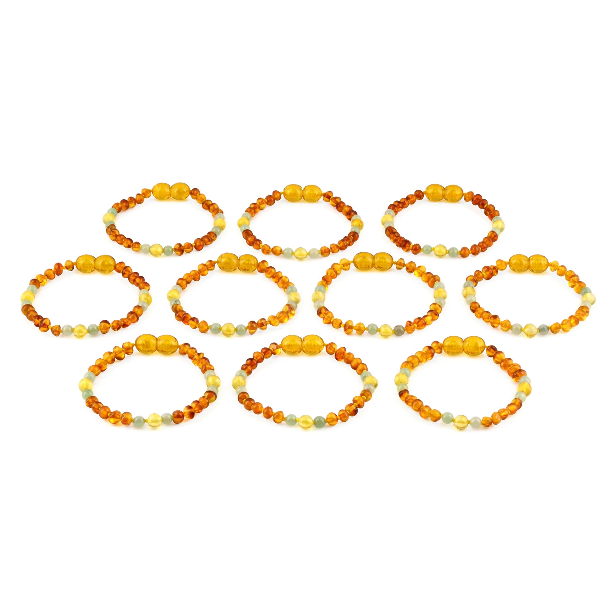 Baltic Amber & Green Aventurine Baby Teething Bracelet Baroque Light Cognac Glossy Finish - Wholesale Lot of 10pcs - 14cm / 5.5in -LE385 V3