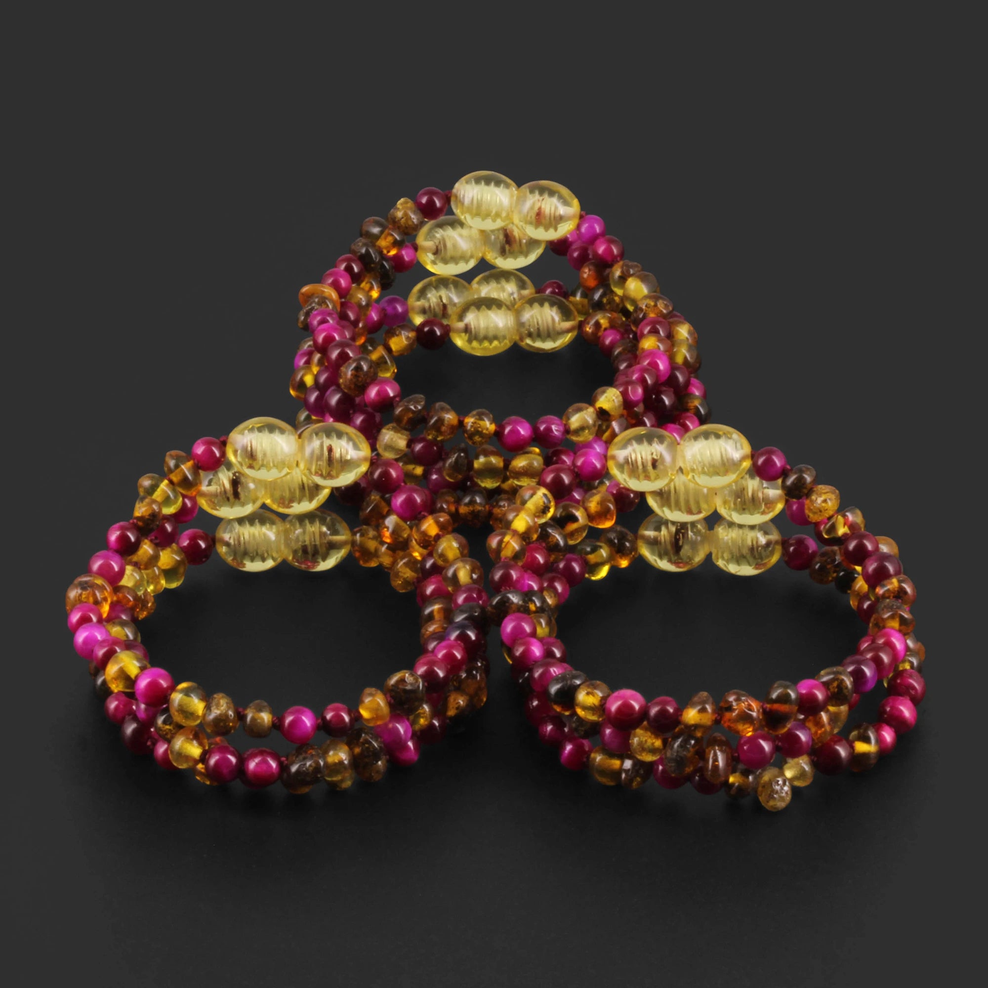 Baltic Amber & Magenta Tiger Baby Teething Bracelet Baroque Multicolor Glossy Finish - Wholesale Lot of 10pcs - 14cm / 5.5in - LE456 V2