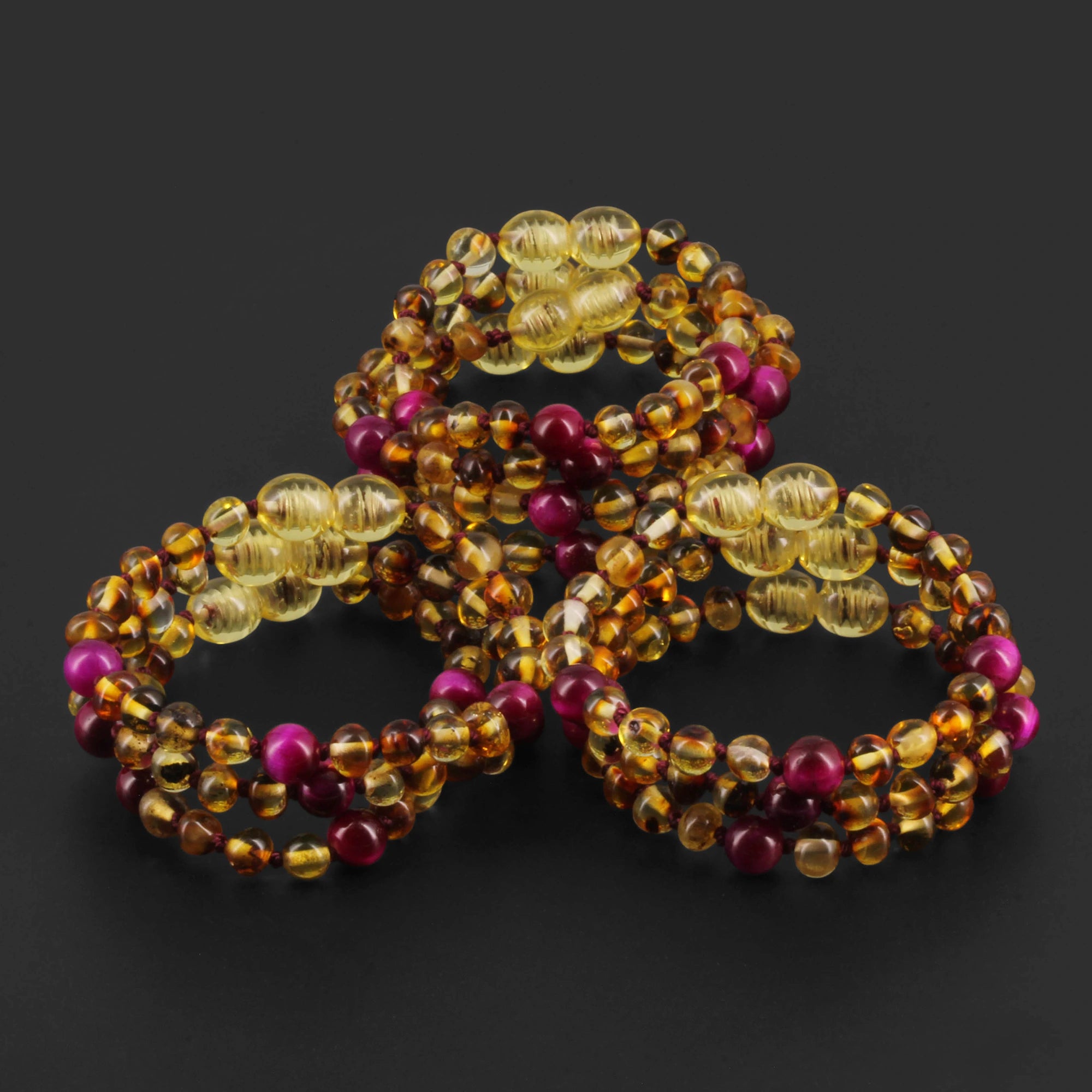 Baltic Amber & Magenta Tiger Baby Teething Bracelet Baroque Multicolor Glossy Finish - Wholesale Lot of 10pcs - 14cm / 5.5in - LE456
