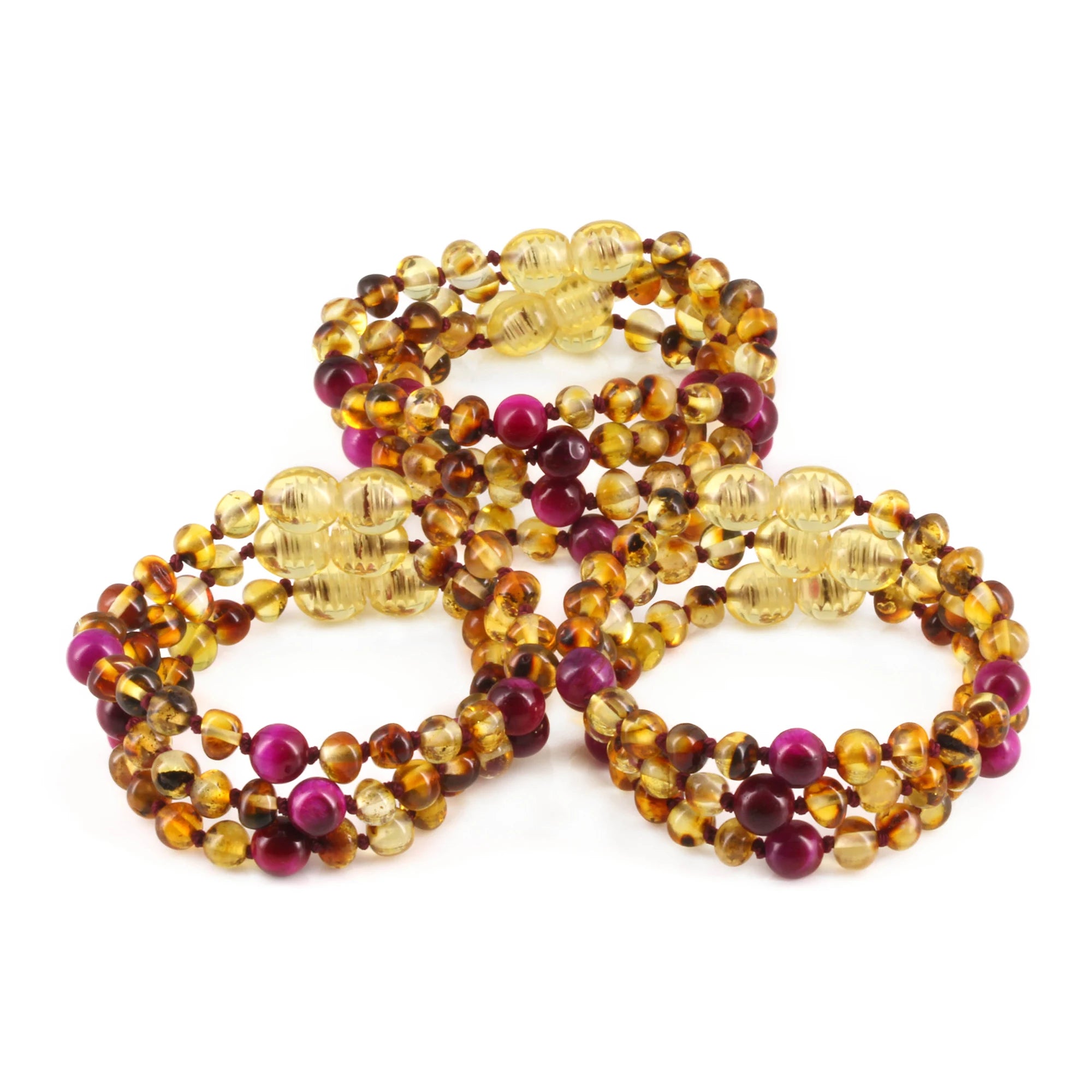 Baltic Amber & Magenta Tiger Baby Teething Bracelet Baroque Multicolor Glossy Finish - Wholesale Lot of 10pcs - 14cm / 5.5in - LE456