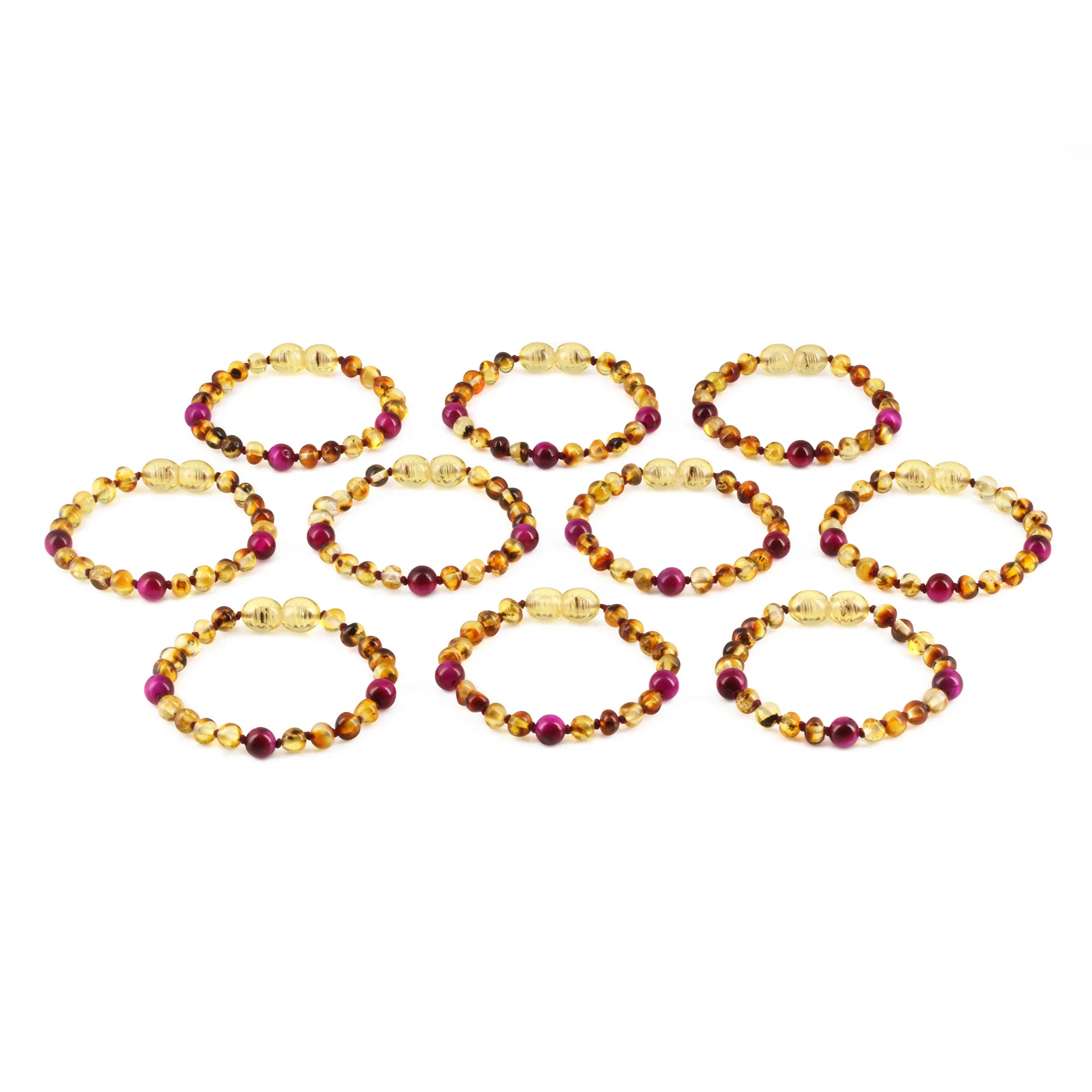 Baltic Amber & Magenta Tiger Baby Teething Bracelet Baroque Multicolor Glossy Finish - Wholesale Lot of 10pcs - 14cm / 5.5in - LE456