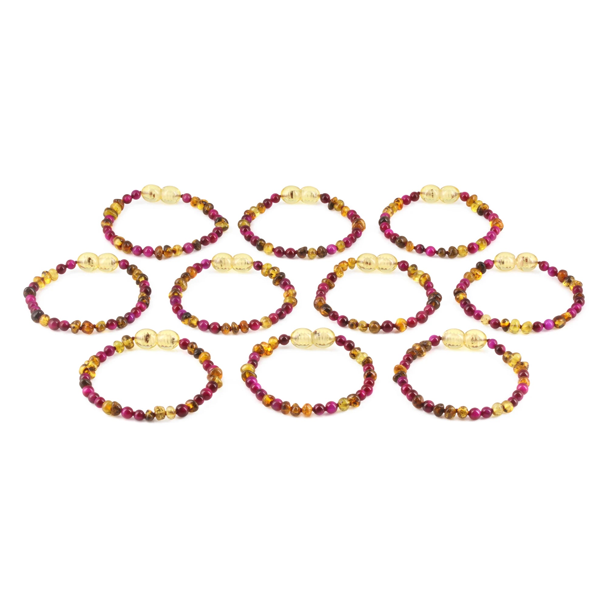 Baltic Amber & Magenta Tiger Baby Teething Bracelet Baroque Multicolor Glossy Finish - Wholesale Lot of 10pcs - 14cm / 5.5in - LE456 V2