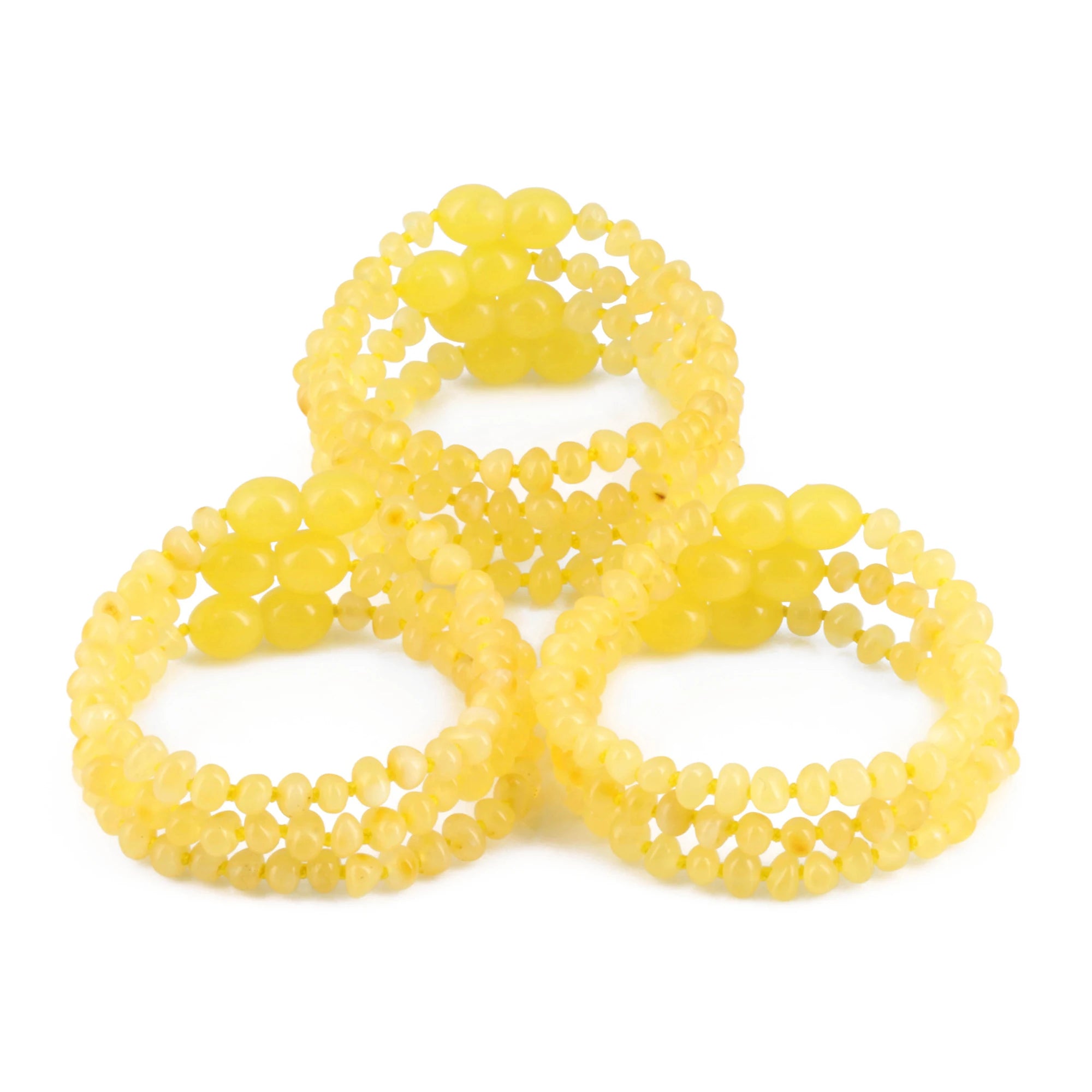 Baltic Amber Baby Teething Bracelet Baroque Milky Yellow Glossy Finish - Wholesale Lot of 10pcs - 14cm / 5.5in -  XB43MY
