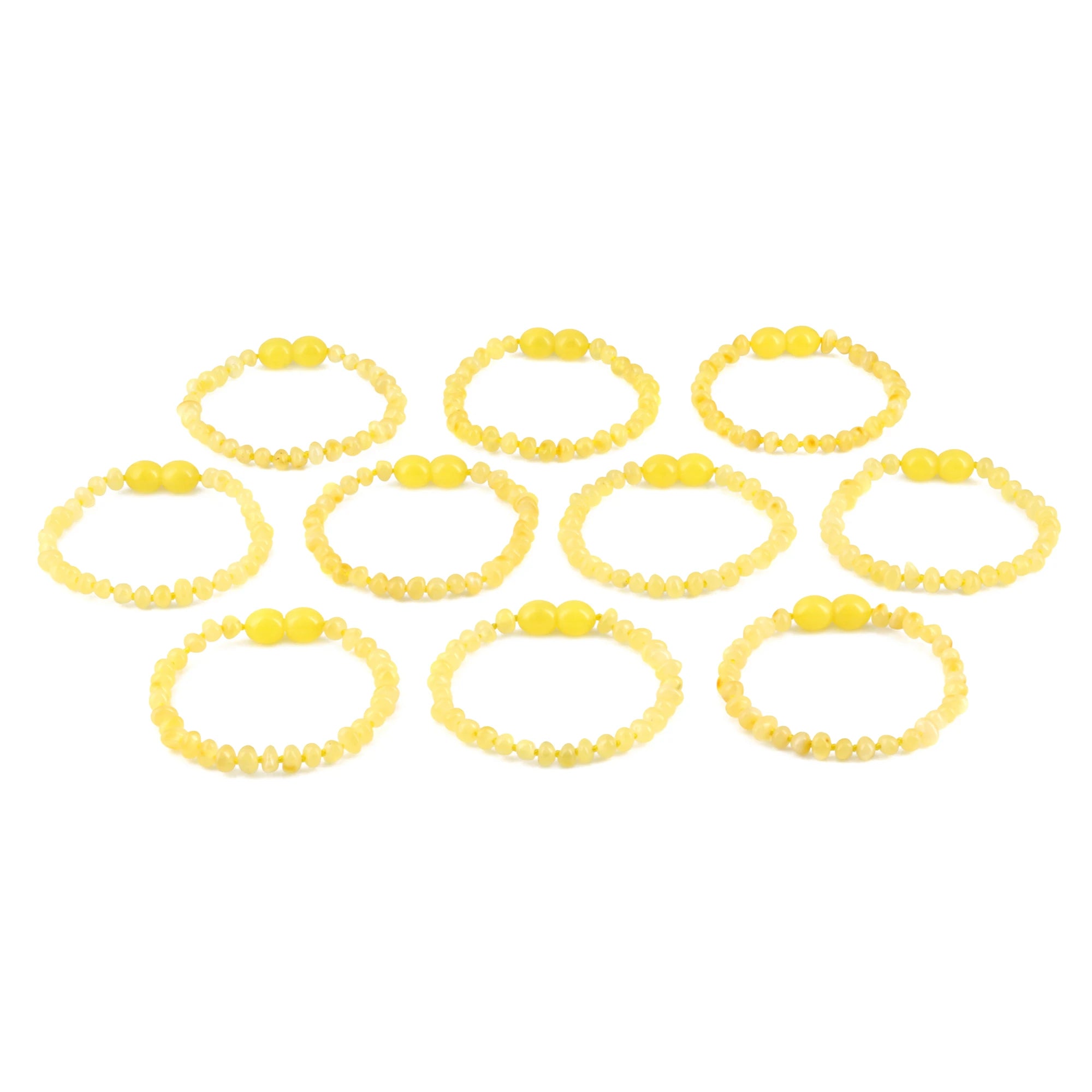 Baltic Amber Baby Teething Bracelet Baroque Milky Yellow Glossy Finish - Wholesale Lot of 10pcs - 14cm / 5.5in -  XB43MY