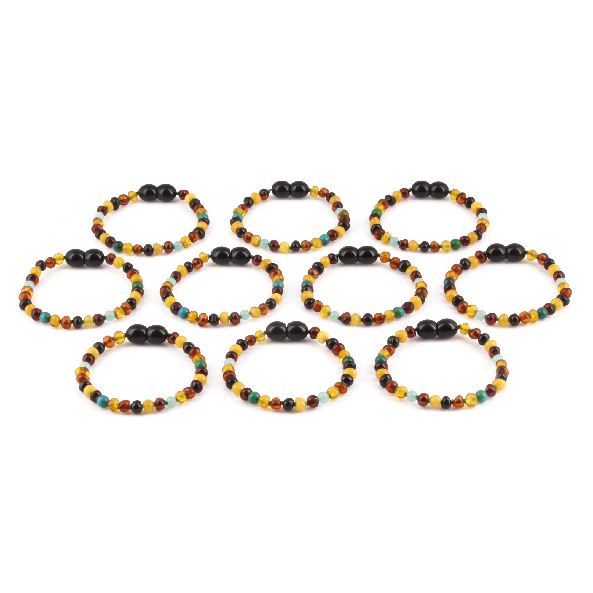 Baltic Amber, Amazonite & Azurite Baby Teething Bracelet Baroque Multicolor Glossy Finish - Wholesale Lot of 10pcs - 14cm / 5.5in - AGL42