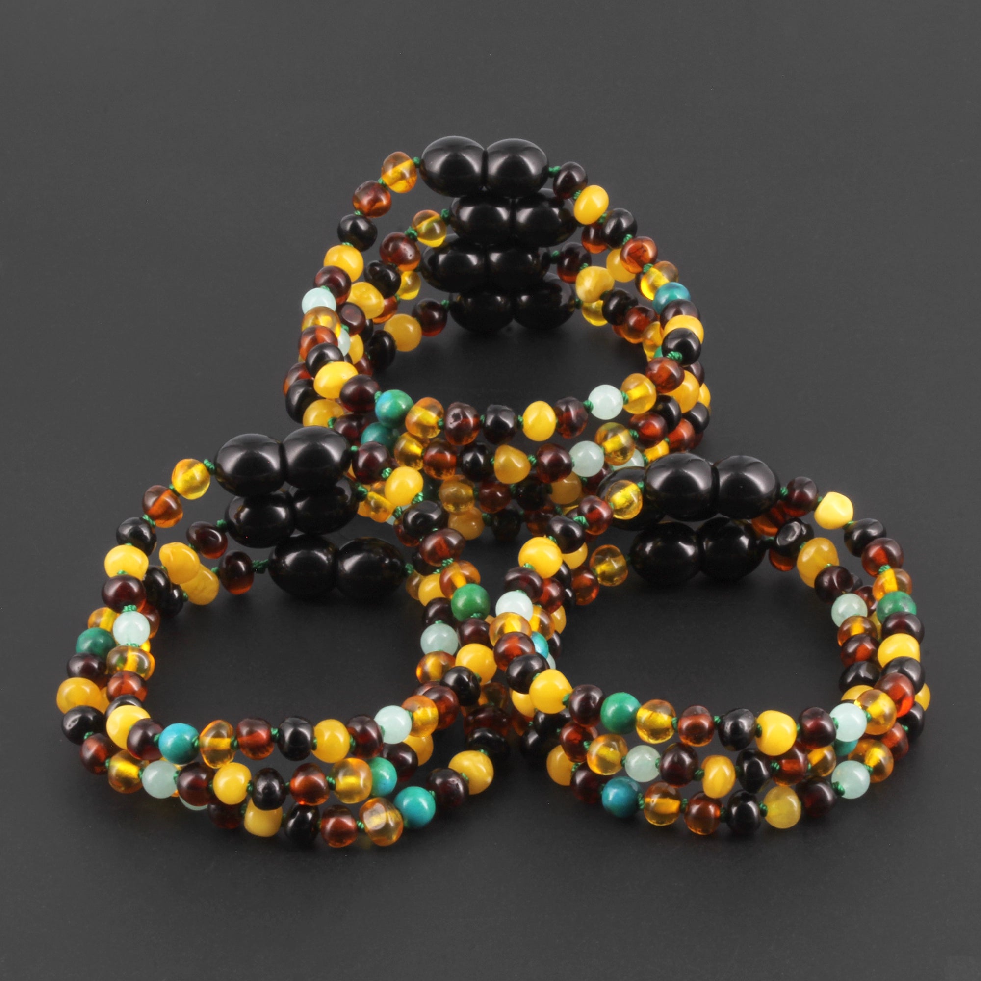 Baltic Amber, Amazonite & Azurite Baby Teething Bracelet Baroque Multicolor Glossy Finish - Wholesale Lot of 10pcs - 14cm / 5.5in - AGL42
