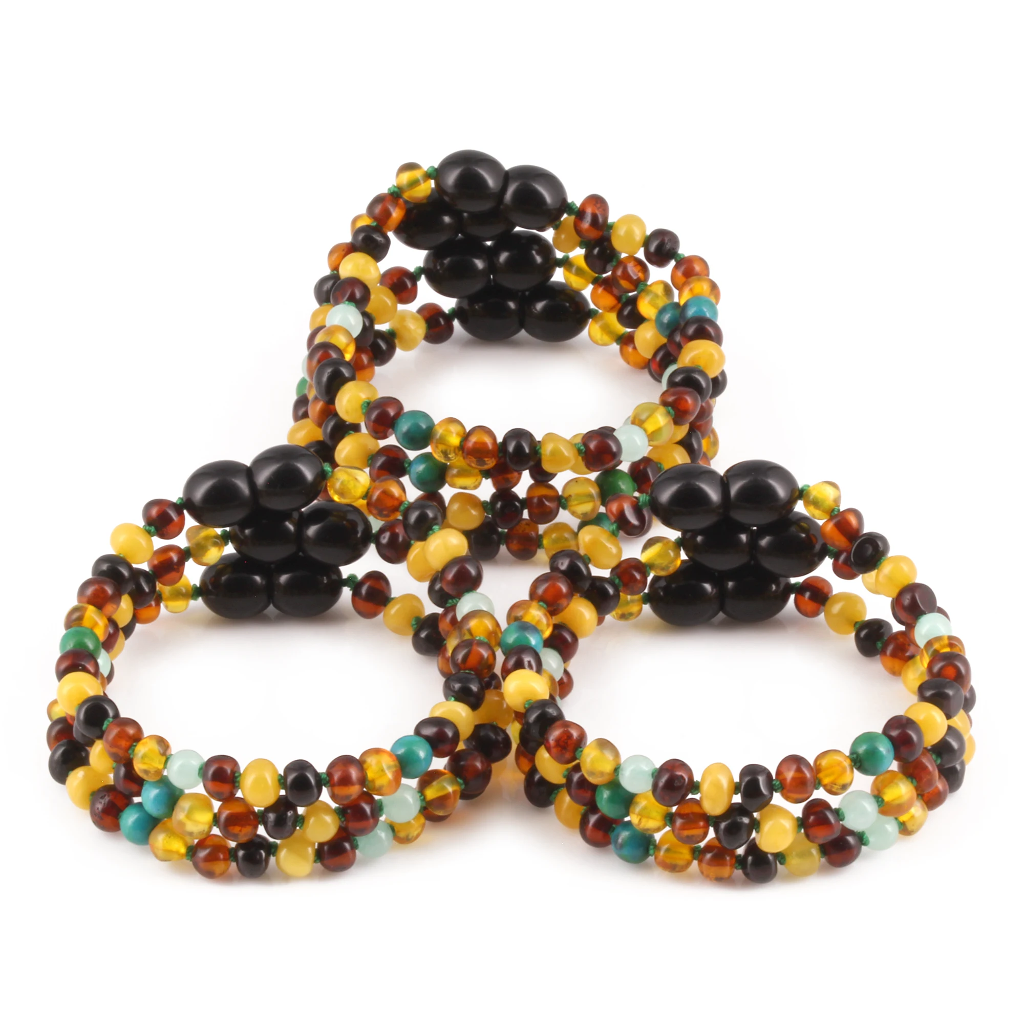 Baltic Amber, Amazonite & Azurite Baby Teething Bracelet Baroque Multicolor Glossy Finish - Wholesale Lot of 10pcs - 14cm / 5.5in - AGL42