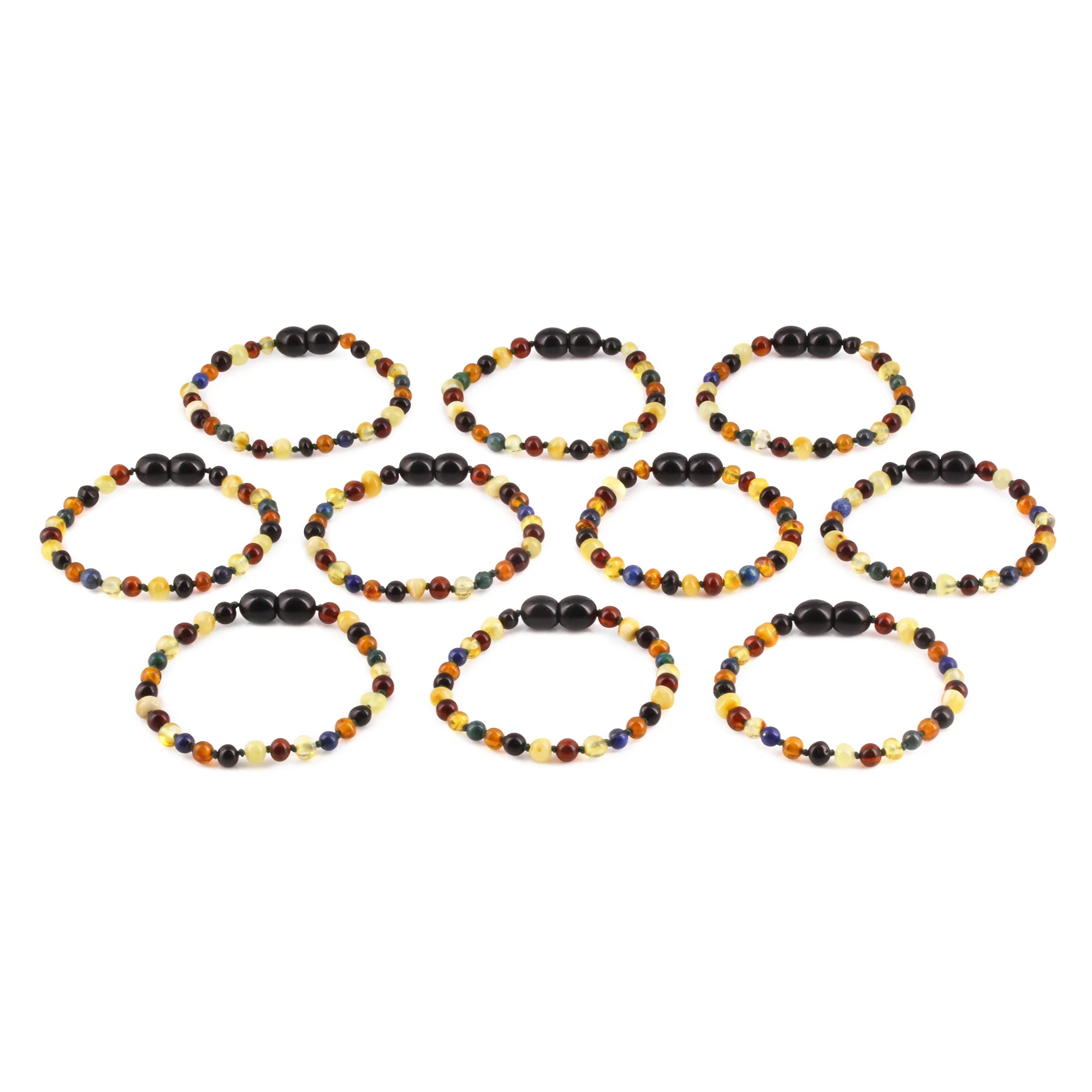 Baltic Amber & Azurite Baby Teething Bracelet Baroque Multicolor Glossy Finish - Wholesale Lot of 10pcs - 14cm / 5.5in - LE467 V2