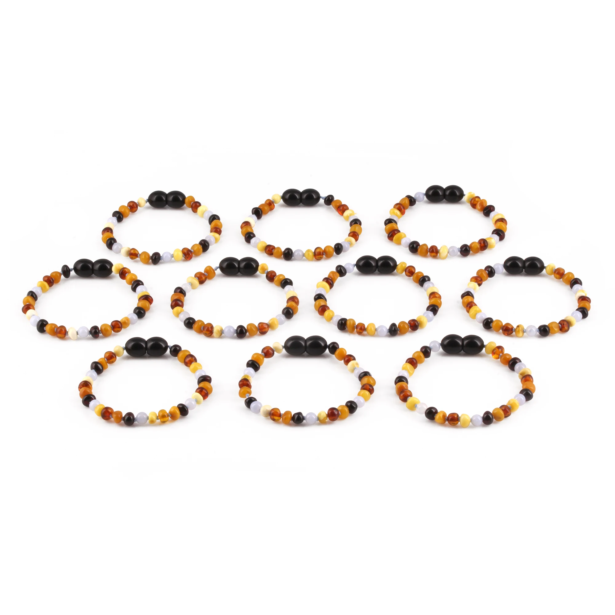 Baltic Amber & Blue Chalcedony Baby Teething Bracelet Baroque Multicolor Glossy Finish - Wholesale Lot of 10pcs - 14cm / 5.5in - AG61