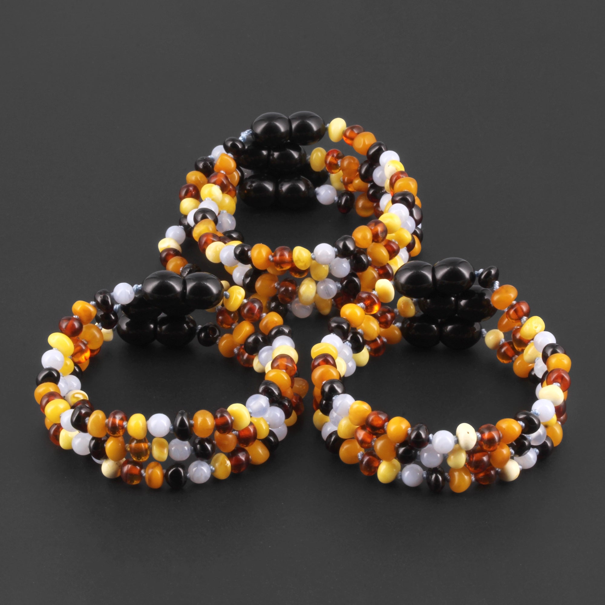 Baltic Amber & Blue Chalcedony Baby Teething Bracelet Baroque Multicolor Glossy Finish - Wholesale Lot of 10pcs - 14cm / 5.5in - AG61