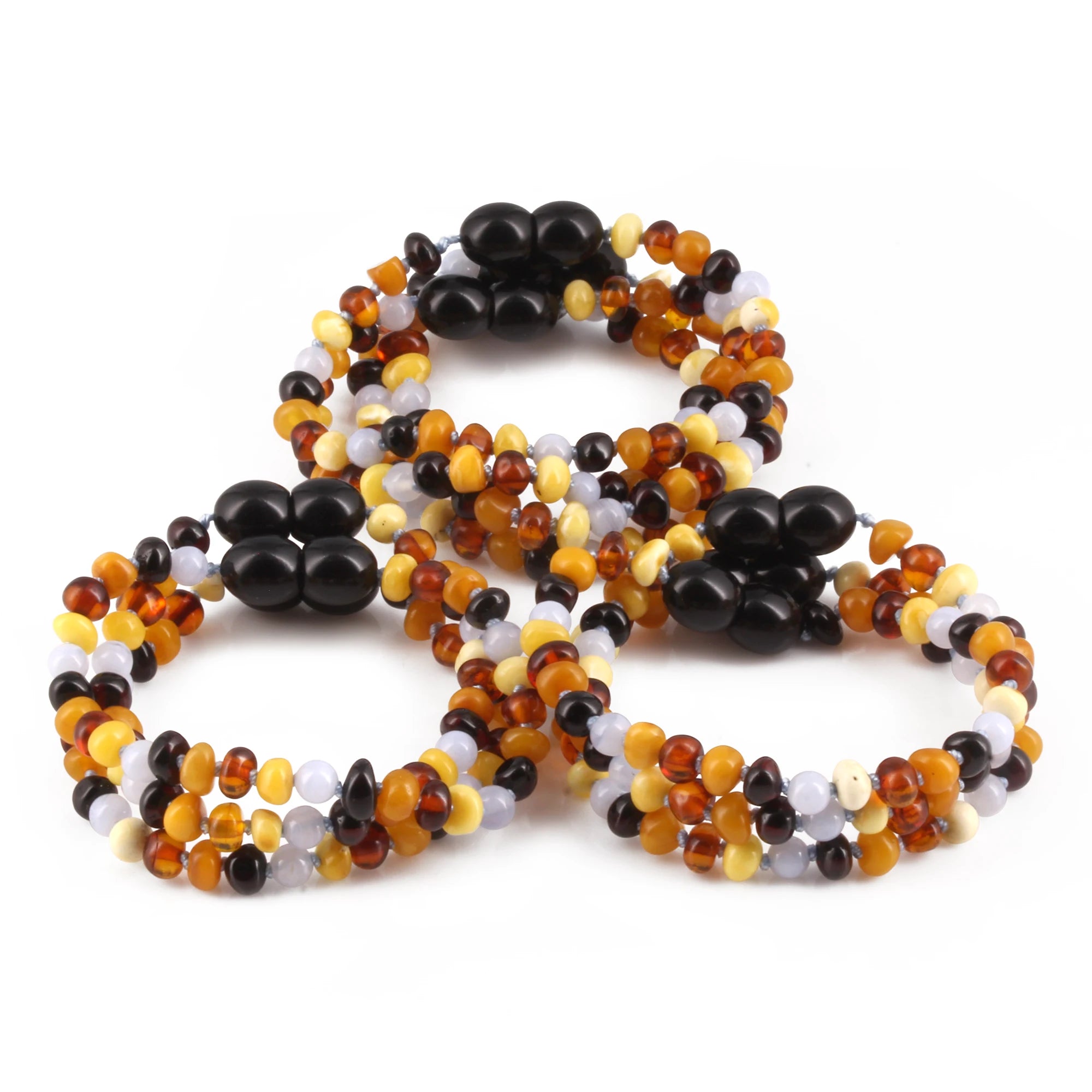 Baltic Amber & Blue Chalcedony Baby Teething Bracelet Baroque Multicolor Glossy Finish - Wholesale Lot of 10pcs - 14cm / 5.5in - AG61