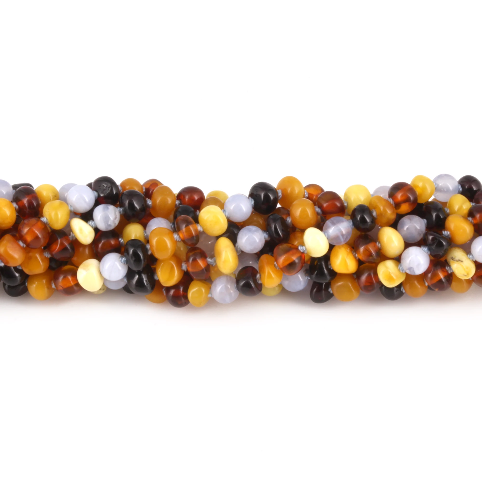 Baltic Amber & Blue Chalcedony Baby Teething Bracelet Baroque Multicolor Glossy Finish - Wholesale Lot of 10pcs - 14cm / 5.5in - AG61
