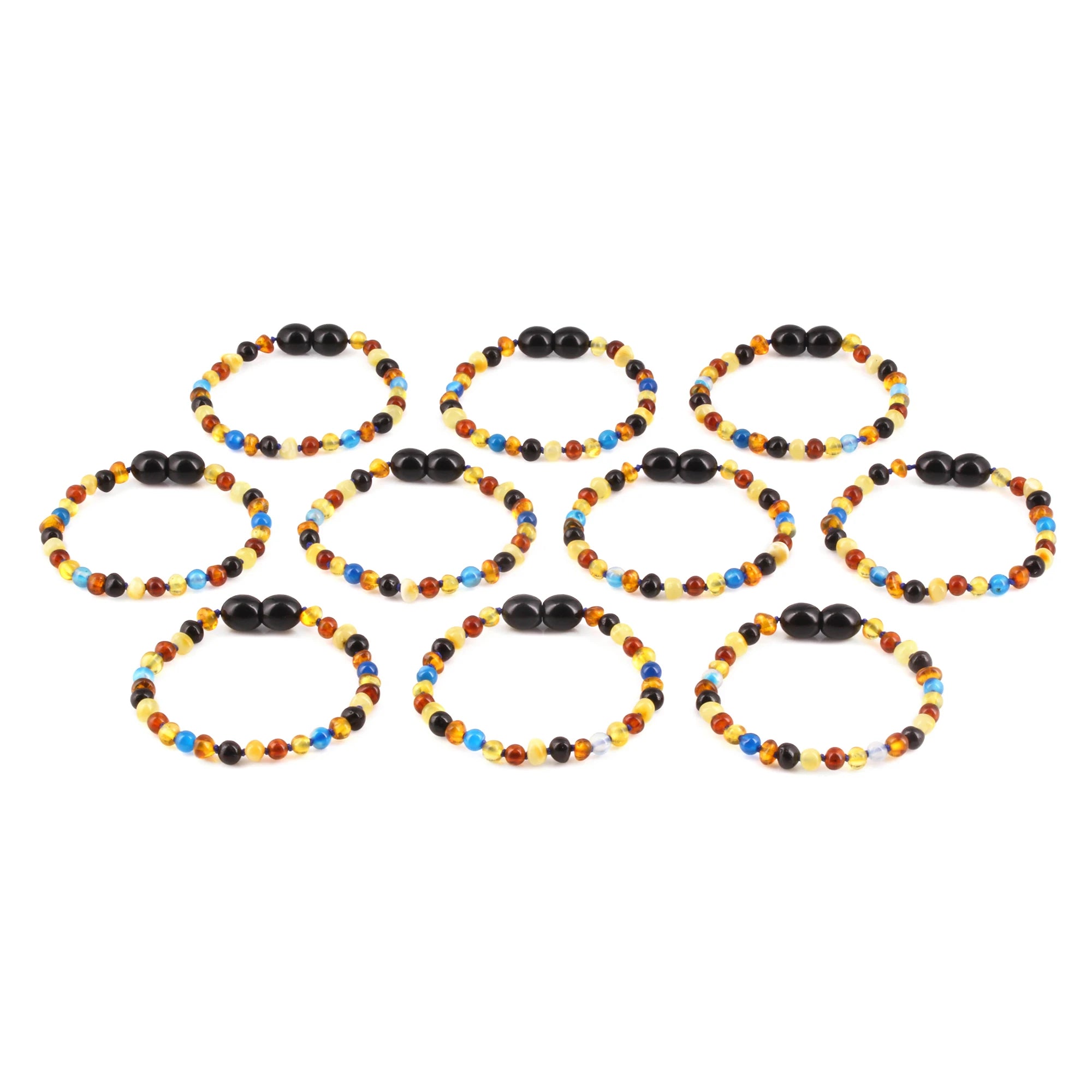 Baltic Amber & Blue Agate Baby Teething Bracelet Baroque Multicolor Glossy Finish - Wholesale Lot of 10pcs - 14cm / 5.5in - LE464 V2