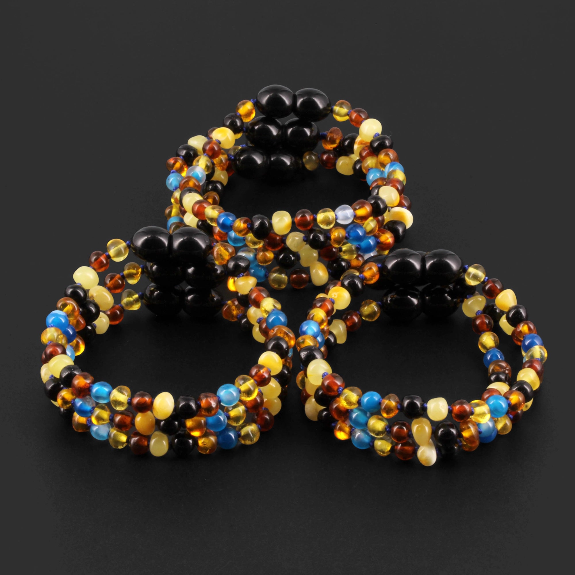 Baltic Amber & Blue Agate Baby Teething Bracelet Baroque Multicolor Glossy Finish - Wholesale Lot of 10pcs - 14cm / 5.5in - LE464 V2