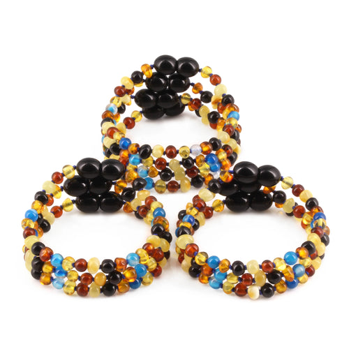 Baltic Amber & Blue Agate Baby Teething Bracelet Baroque Multicolor Glossy Finish - Wholesale Lot of 10pcs - 14cm / 5.5in - LE464 V2