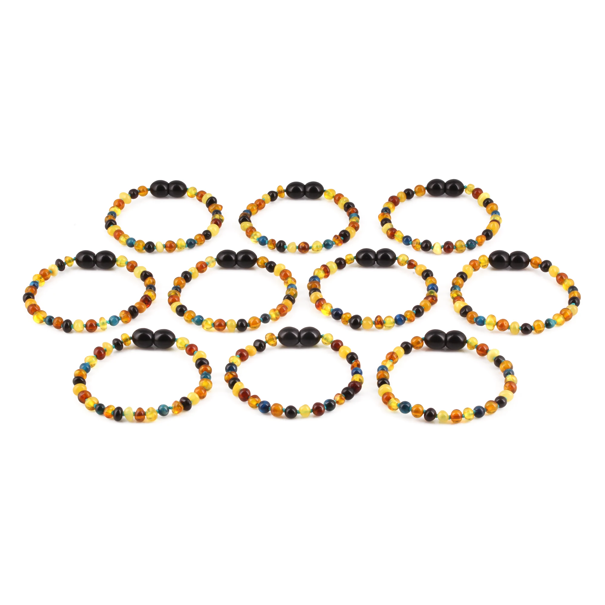 Baltic Amber & Blue Tiger Baby Teething Bracelet Baroque Multicolor Glossy Finish - Wholesale Lot of 10pcs - 14cm / 5.5in - LE463 V2-S