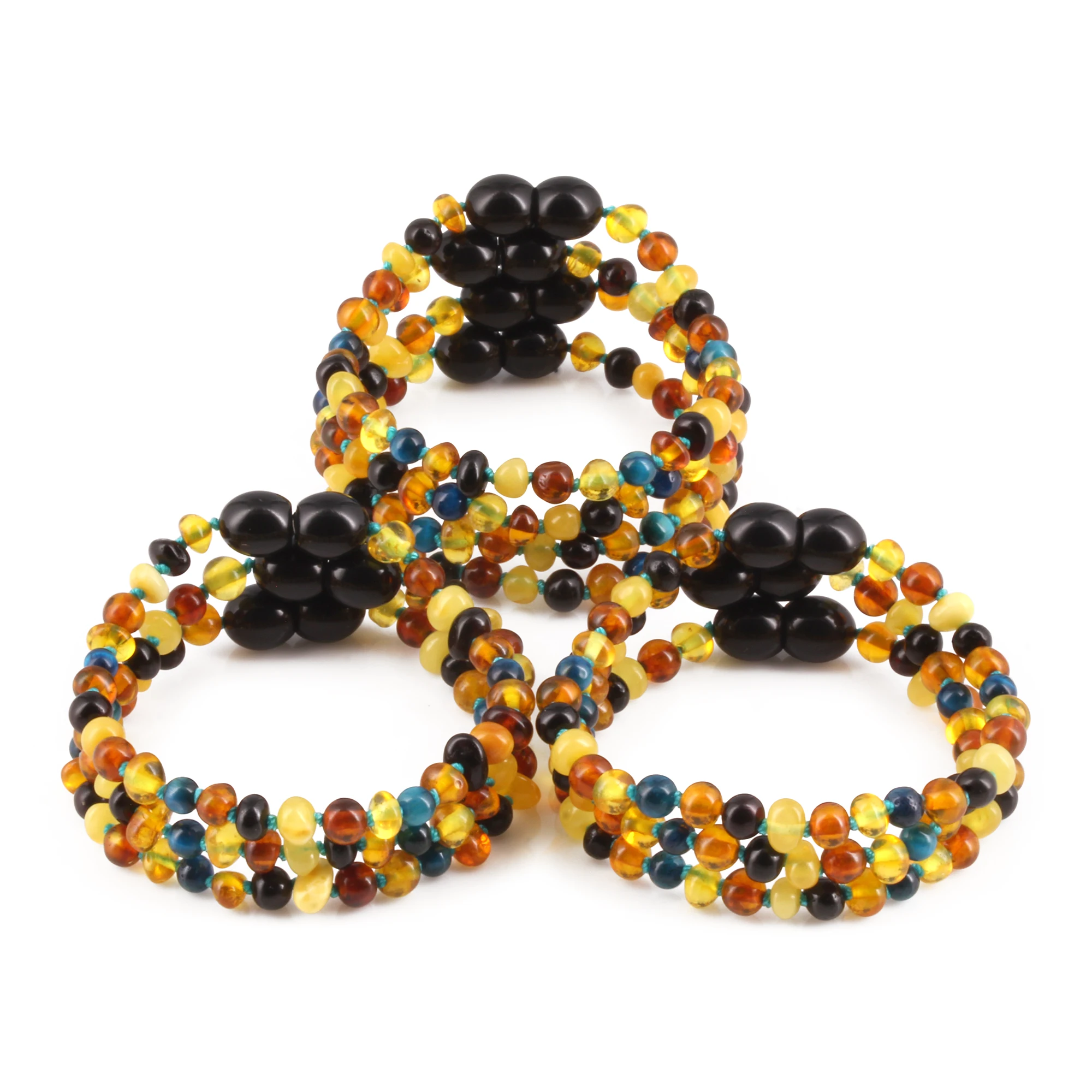 Baltic Amber & Blue Tiger Baby Teething Bracelet Baroque Multicolor Glossy Finish - Wholesale Lot of 10pcs - 14cm / 5.5in - LE463 V2-S
