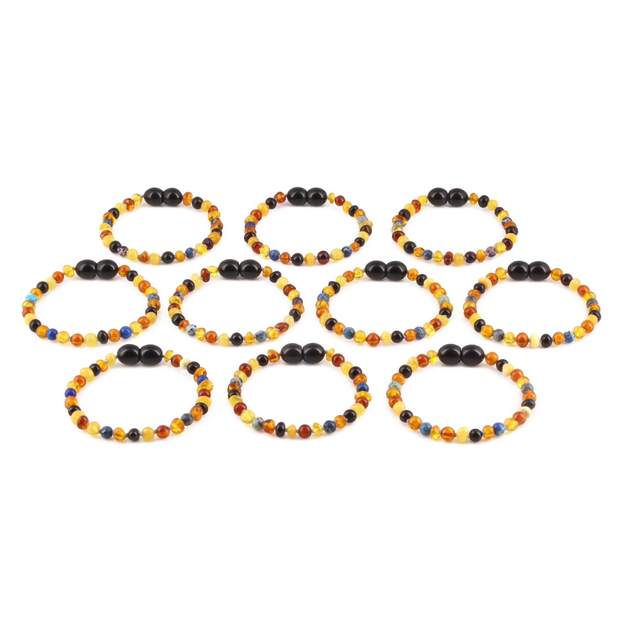 Baltic Amber & Blue Jasper Baby Teething Bracelet Baroque Multicolor Glossy Finish - Wholesale Lot of 10pcs - 14cm / 5.5in - LE555-S