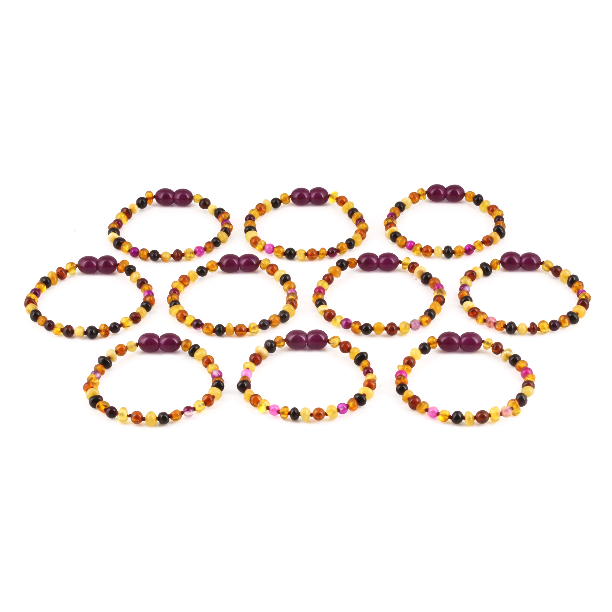 Baltic Amber & Pink Agate Baby Teething Bracelet Baroque Multicolor Glossy Finish - Wholesale Lot of 10pcs - 14cm / 5.5in - LE458-S