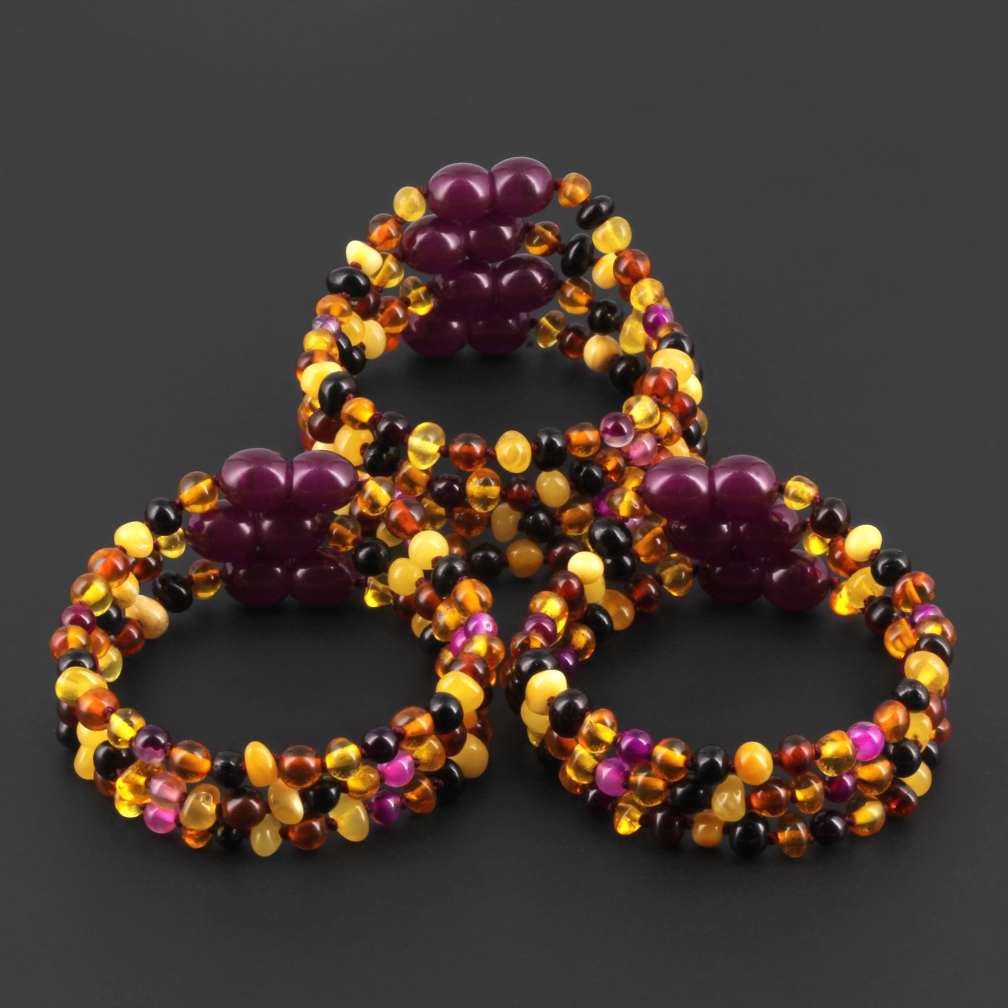 Baltic Amber & Pink Agate Baby Teething Bracelet Baroque Multicolor Glossy Finish - Wholesale Lot of 10pcs - 14cm / 5.5in - LE458-S