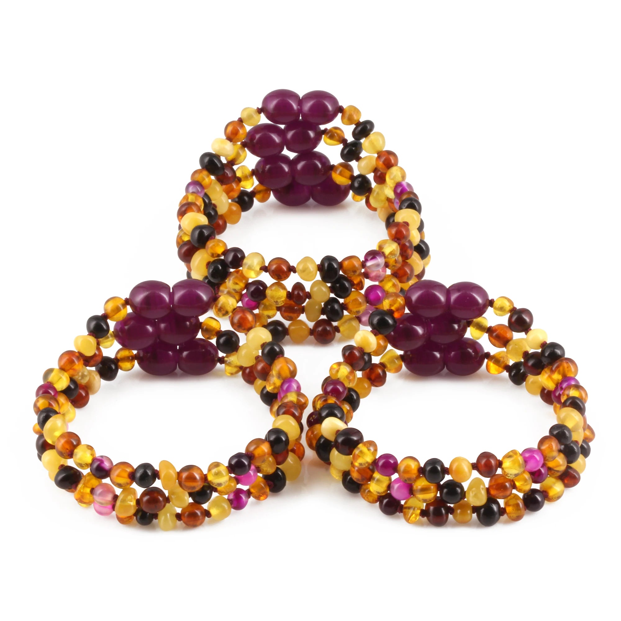 Baltic Amber & Pink Agate Baby Teething Bracelet Baroque Multicolor Glossy Finish - Wholesale Lot of 10pcs - 14cm / 5.5in - LE458-S