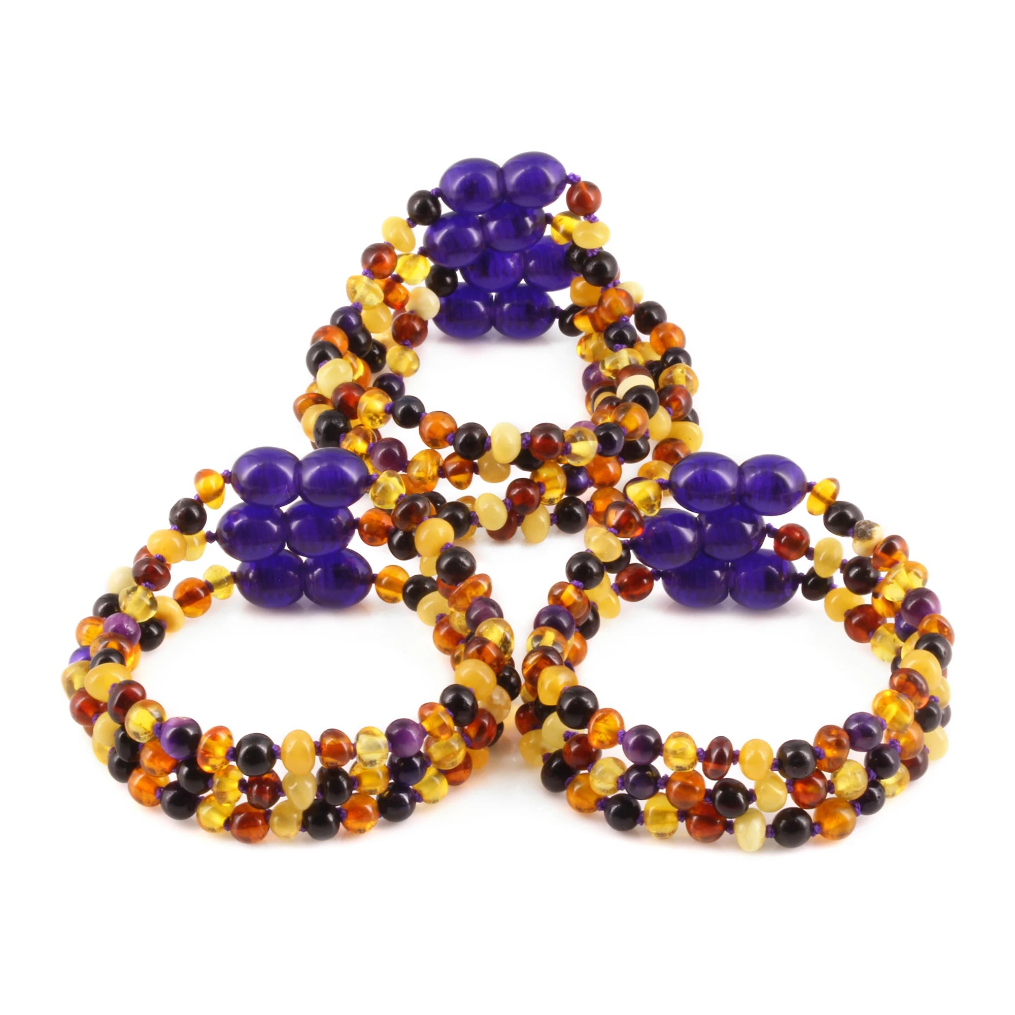 Baltic Amber & Purple Tiger Eye Baby Teething Bracelet Baroque Multicolor Glossy Finish - Wholesale Lot of 10pcs - 14cm / 5.5in - LE554-S
