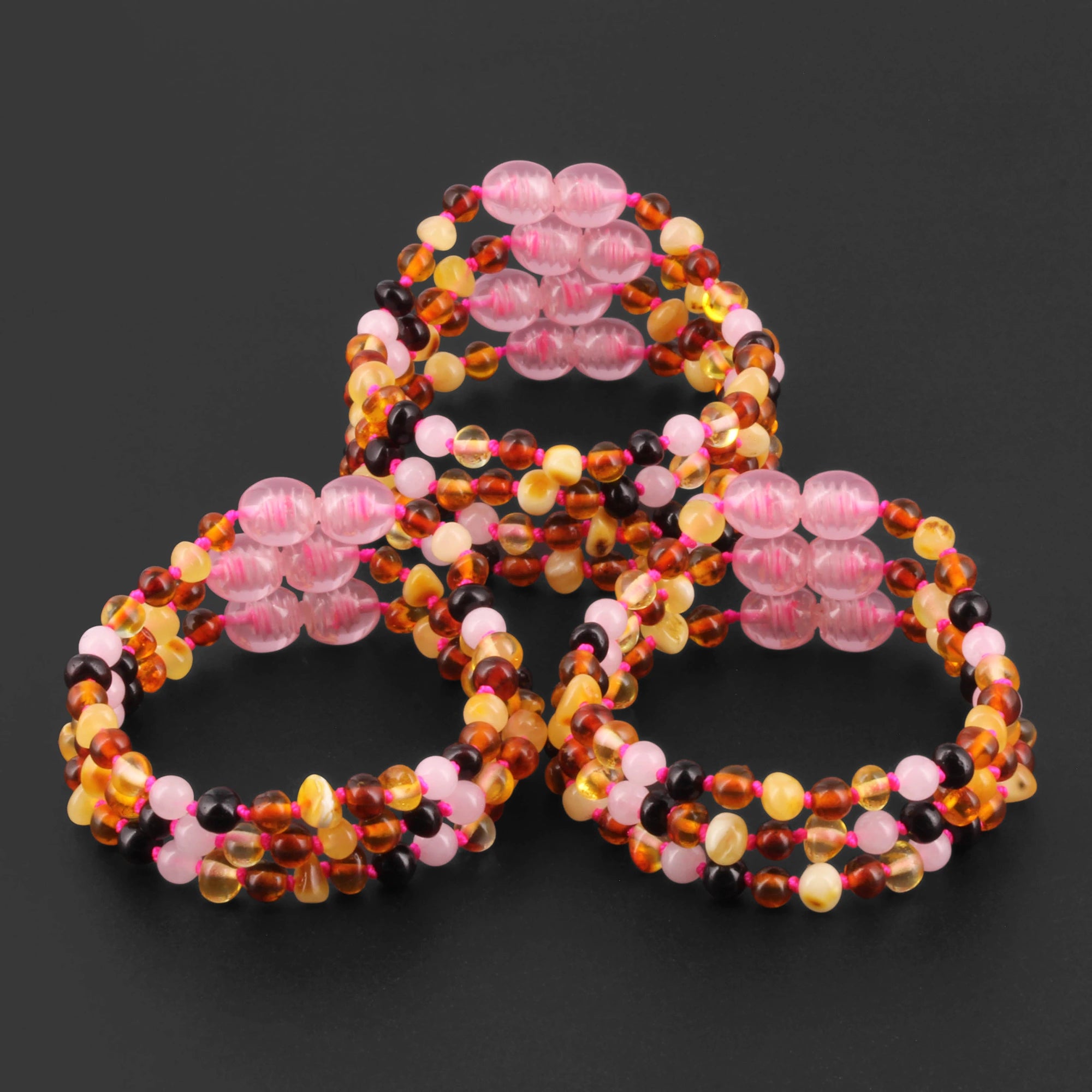 Baltic Amber & Rose Quartz Baby Teething Bracelet Baroque Multicolor Glossy Finish - Wholesale Lot of 10pcs - 14cm / 5.5in - LE459-S