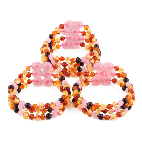 Baltic Amber & Rose Quartz Baby Teething Bracelet Baroque Multicolor Glossy Finish - Wholesale Lot of 10pcs - 14cm / 5.5in - LE459-S