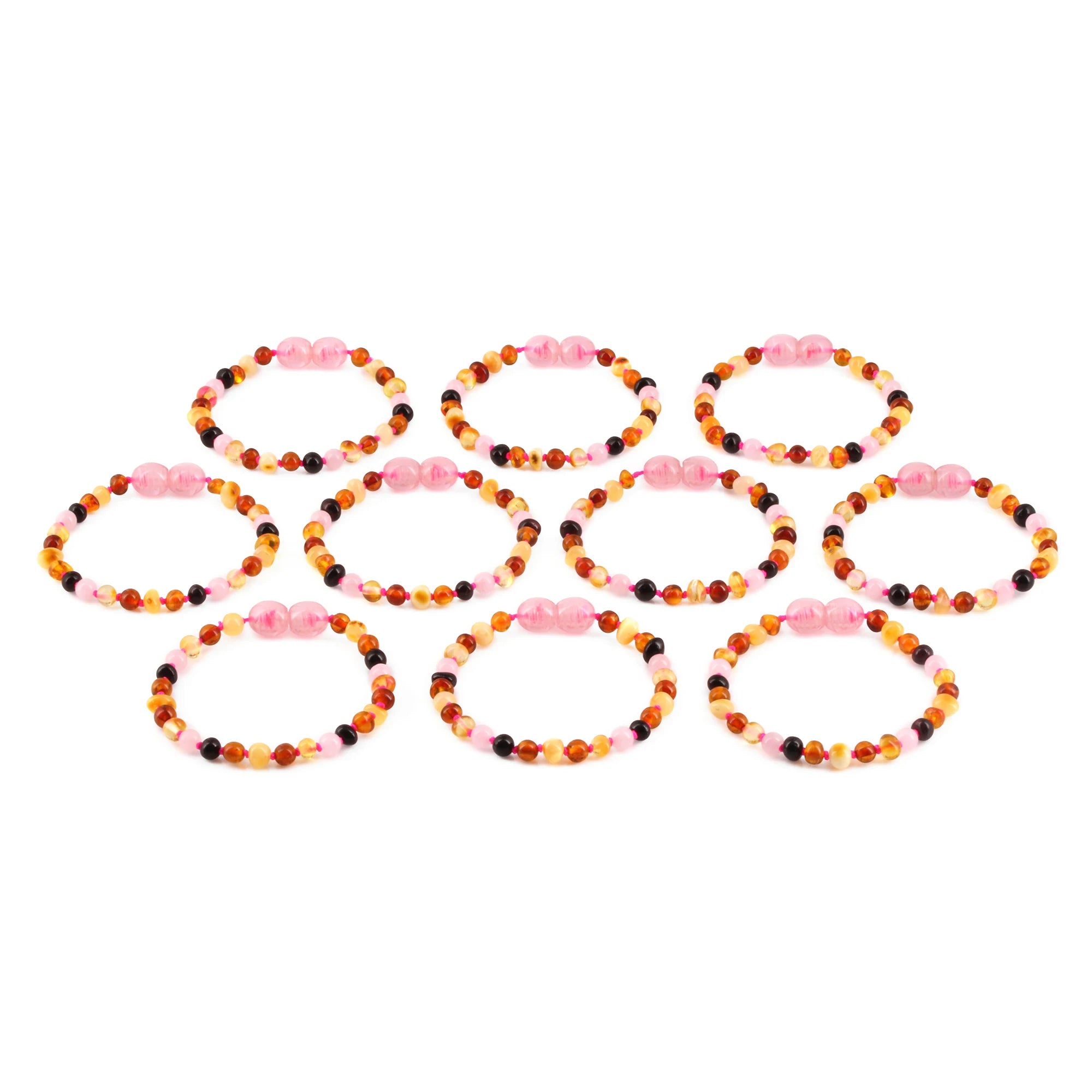 Baltic Amber & Rose Quartz Baby Teething Bracelet Baroque Multicolor Glossy Finish - Wholesale Lot of 10pcs - 14cm / 5.5in - LE459-S