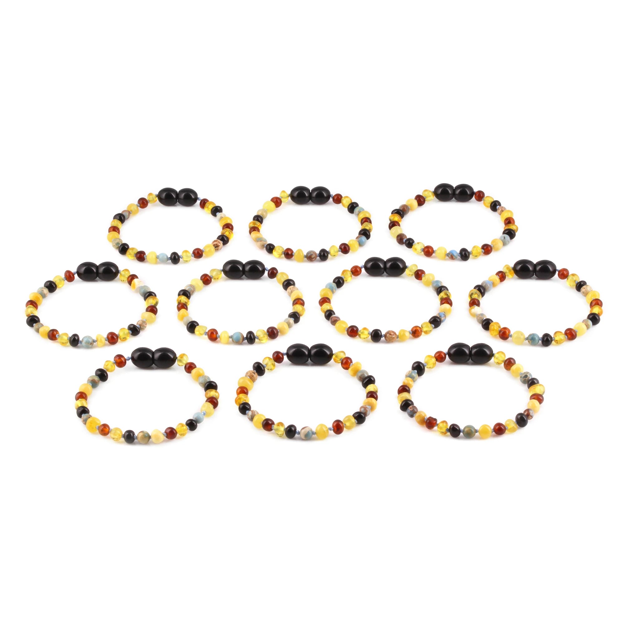 Baltic Amber & Blue Jasper Baby Teething Bracelet Baroque Multicolor Glossy Finish - Wholesale Lot of 10pcs - 14cm / 5.5in - LE466-S