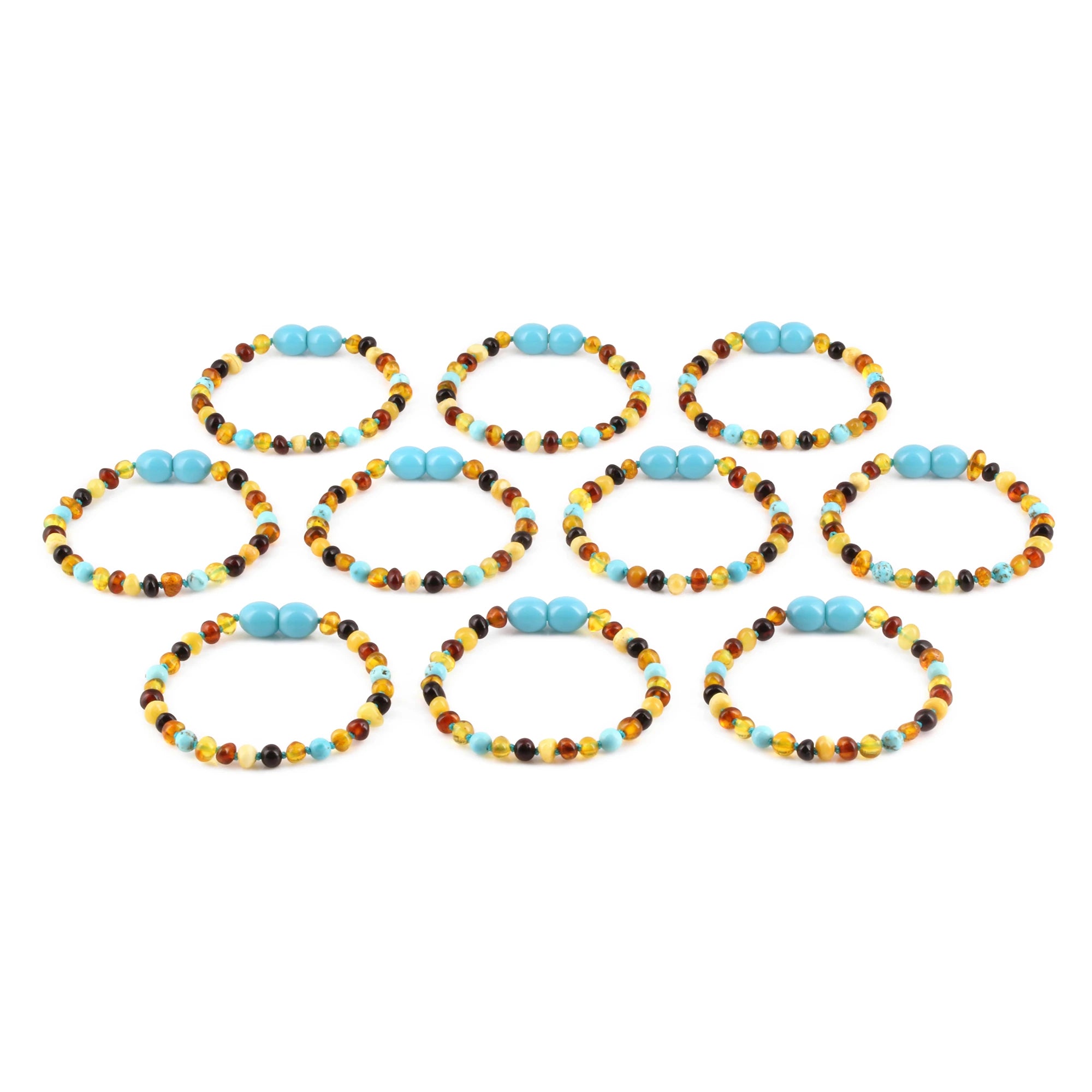 Baltic Amber & Turquoise Baby Teething Bracelet Baroque Multicolor Glossy Finish - Wholesale Lot of 10pcs - 14cm / 5.5in - LE465-S
