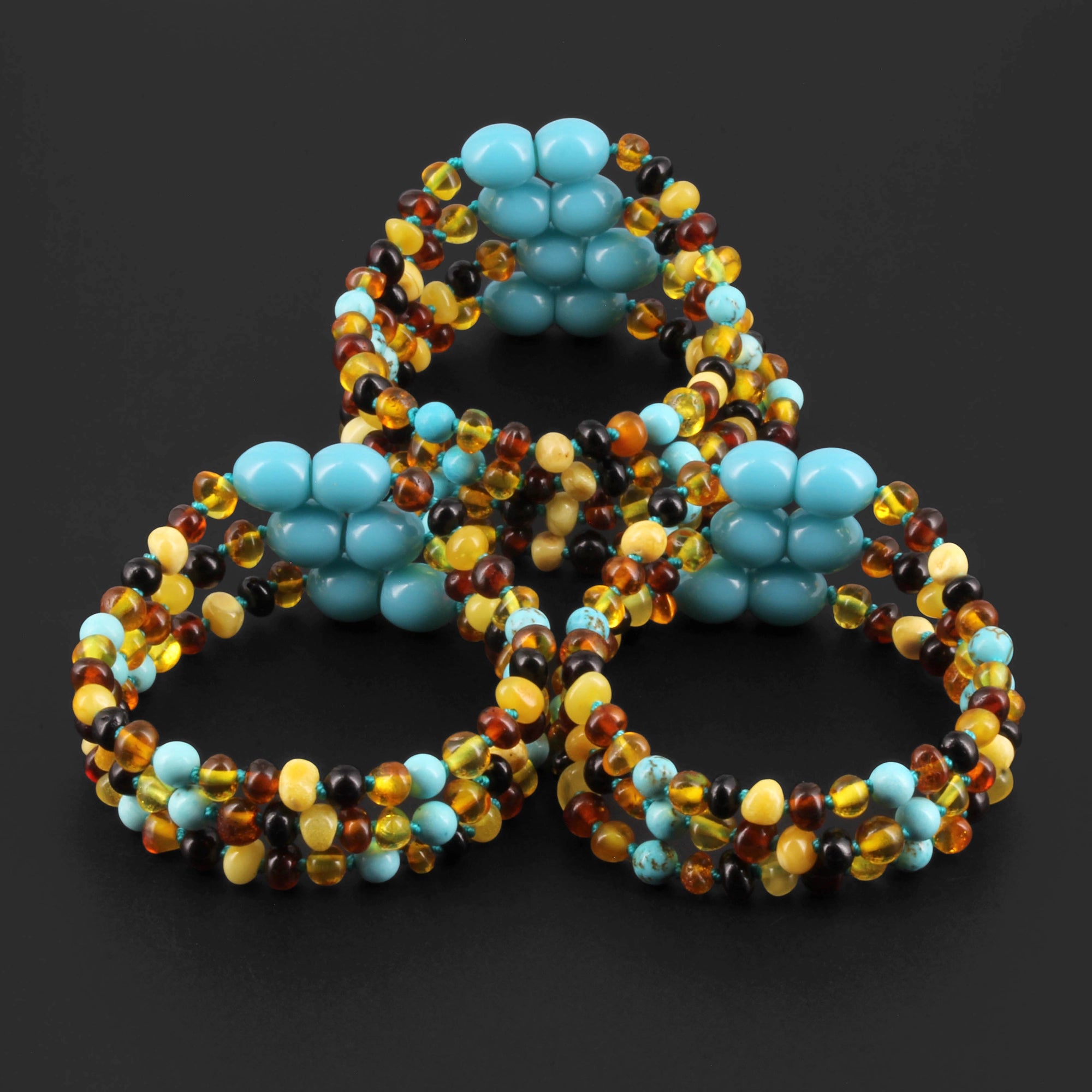 Baltic Amber & Turquoise Baby Teething Bracelet Baroque Multicolor Glossy Finish - Wholesale Lot of 10pcs - 14cm / 5.5in - LE465-S