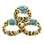 Baltic Amber & Turquoise Baby Teething Bracelet Baroque Multicolor Glossy Finish - Wholesale Lot of 10pcs - 14cm / 5.5in - LE465-S
