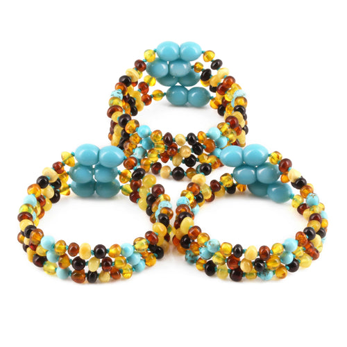 Baltic Amber & Turquoise Baby Teething Bracelet Baroque Multicolor Glossy Finish - Wholesale Lot of 10pcs - 14cm / 5.5in - LE465-S