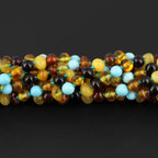 Baltic Amber & Turquoise Baby Teething Bracelet Baroque Multicolor Glossy Finish - Wholesale Lot of 10pcs - 14cm / 5.5in - LE465-S