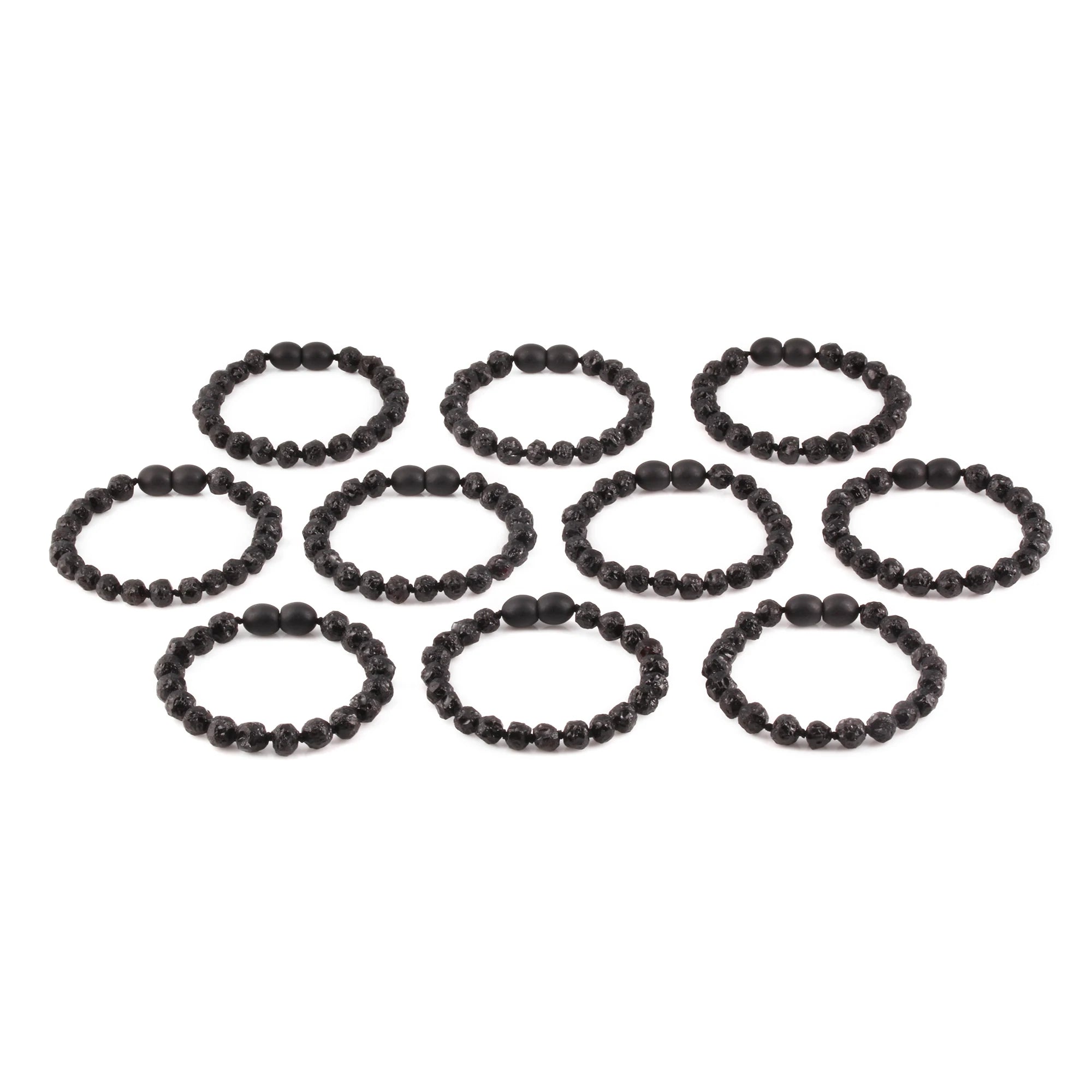 Baltic Amber Baby Teething Bracelet Baroque Black Raw Finish - Wholesale Lot of 10pcs - 14cm / 5.5in - XB54B-RAW