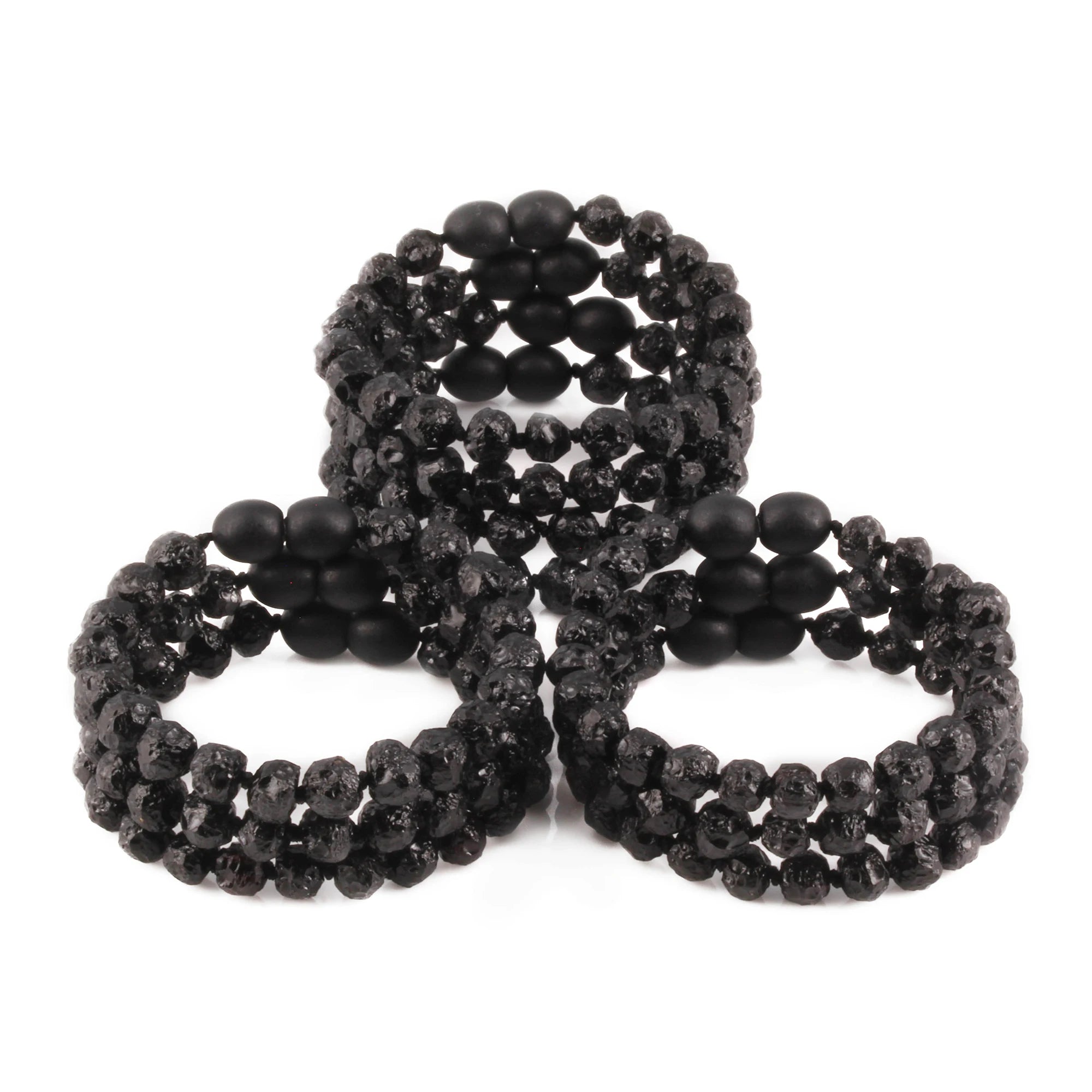 Baltic Amber Baby Teething Bracelet Baroque Black Raw Finish - Wholesale Lot of 10pcs - 14cm / 5.5in - XB54B-RAW