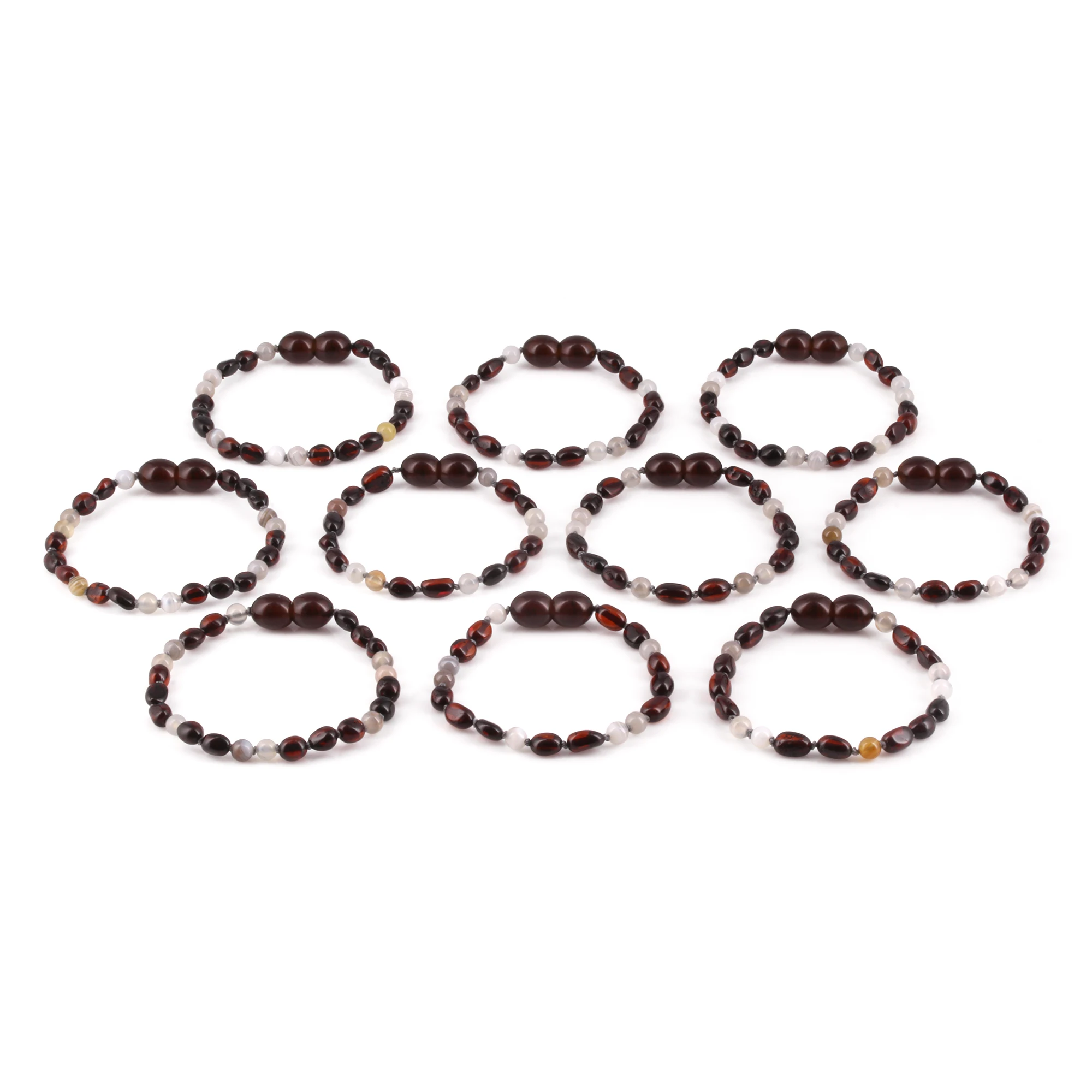 Baltic Amber & Botswana Baby Teething Bracelet Olive Dark Cognac Glossy Finish - Wholesale Lot of 10pcs - 14cm / 5.5in - AGL43