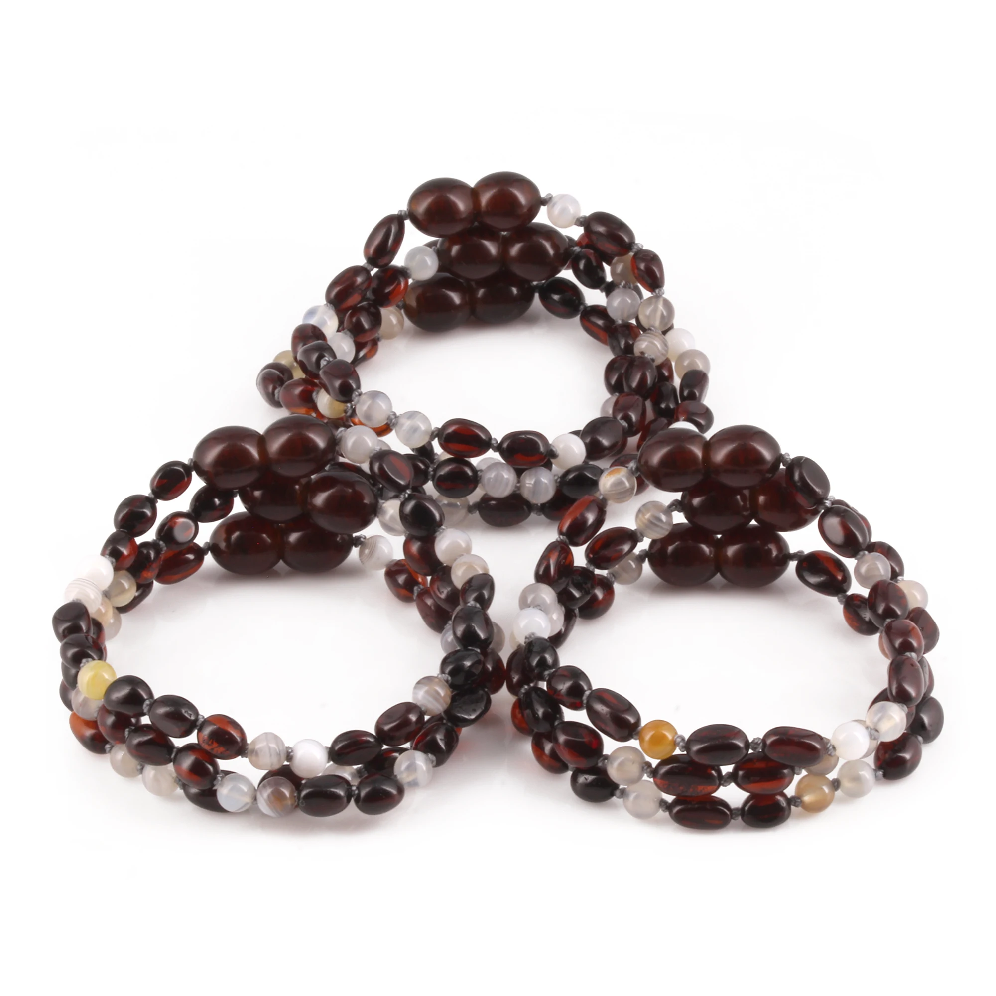 Baltic Amber & Botswana Baby Teething Bracelet Olive Dark Cognac Glossy Finish - Wholesale Lot of 10pcs - 14cm / 5.5in - AGL43