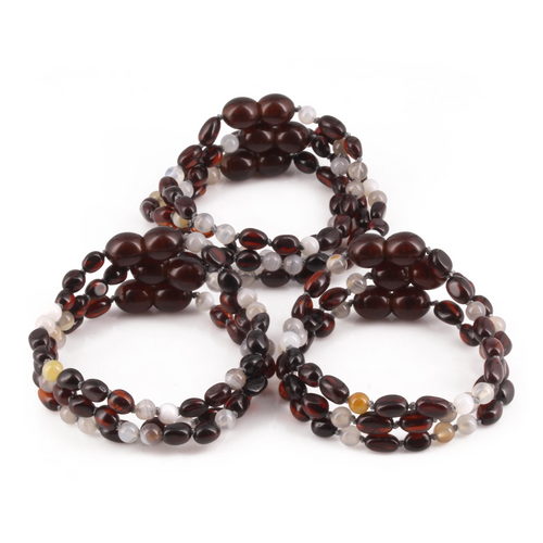 Baltic Amber & Botswana Baby Teething Bracelet Olive Dark Cognac Glossy Finish - Wholesale Lot of 10pcs - 14cm / 5.5in - AGL43