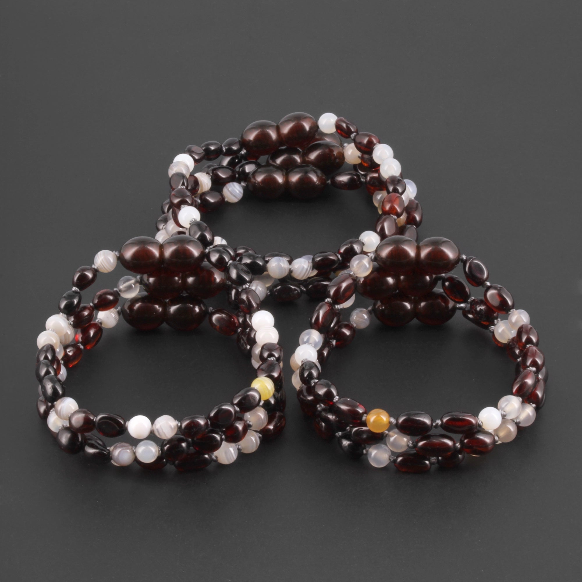 Baltic Amber & Botswana Baby Teething Bracelet Olive Dark Cognac Glossy Finish - Wholesale Lot of 10pcs - 14cm / 5.5in - AGL43