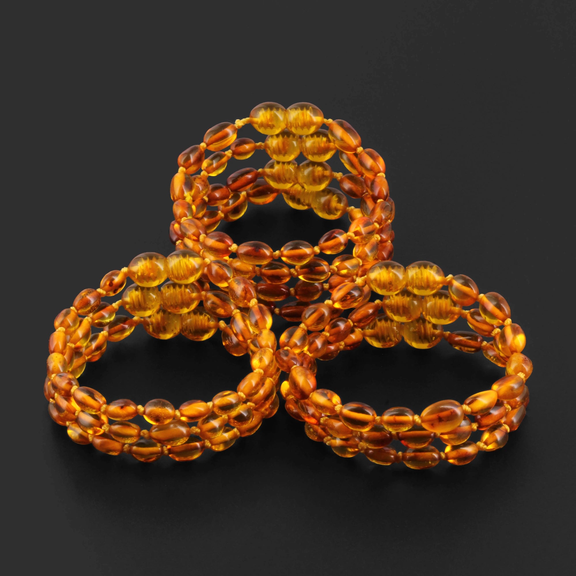 Baltic Amber Baby Teething Bracelet Olive Light Cognac Glossy Finish - Wholesale Lot of 10pcs - 14cm / 5.5in - XO54LC