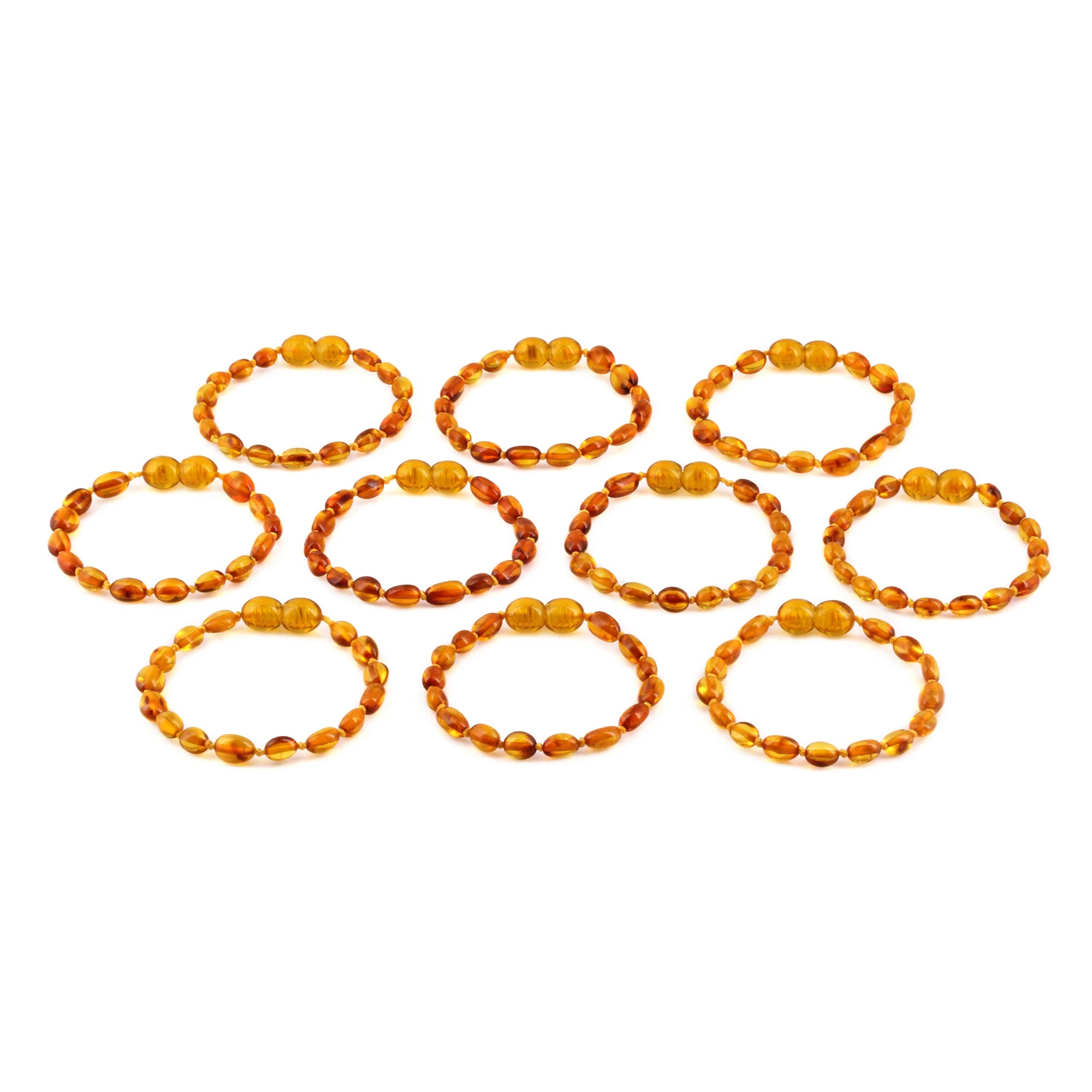 Baltic Amber Baby Teething Bracelet Olive Light Cognac Glossy Finish - Wholesale Lot of 10pcs - 14cm / 5.5in - XO54LC