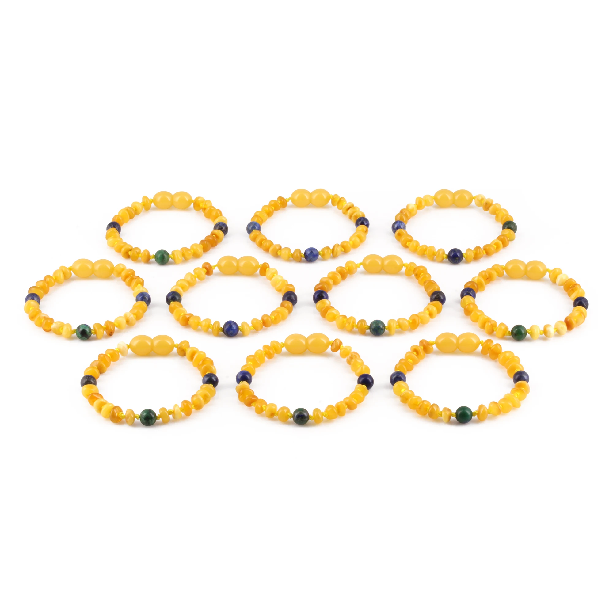 Baltic Amber, Azurite & Lapis Lazuli Baby Teething Bracelet Roundel Milky Yellow Glossy Finish - Wholesale Lot of 10pcs - 14cm / 5.5in - AGL44
