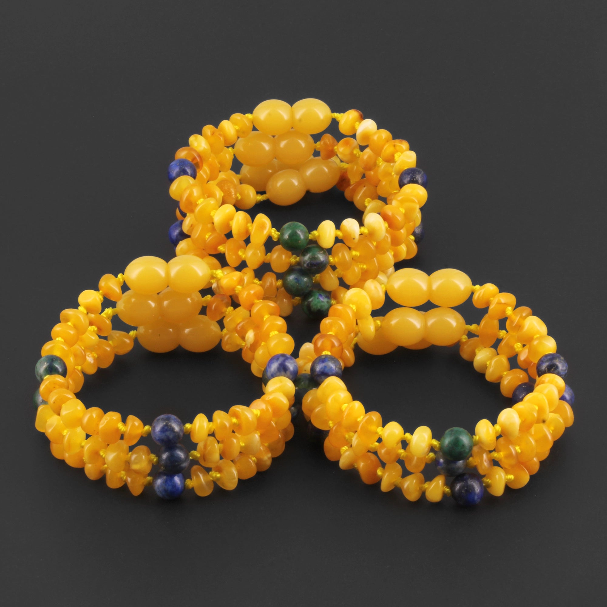 Baltic Amber, Azurite & Lapis Lazuli Baby Teething Bracelet Roundel Milky Yellow Glossy Finish - Wholesale Lot of 10pcs - 14cm / 5.5in - AGL44